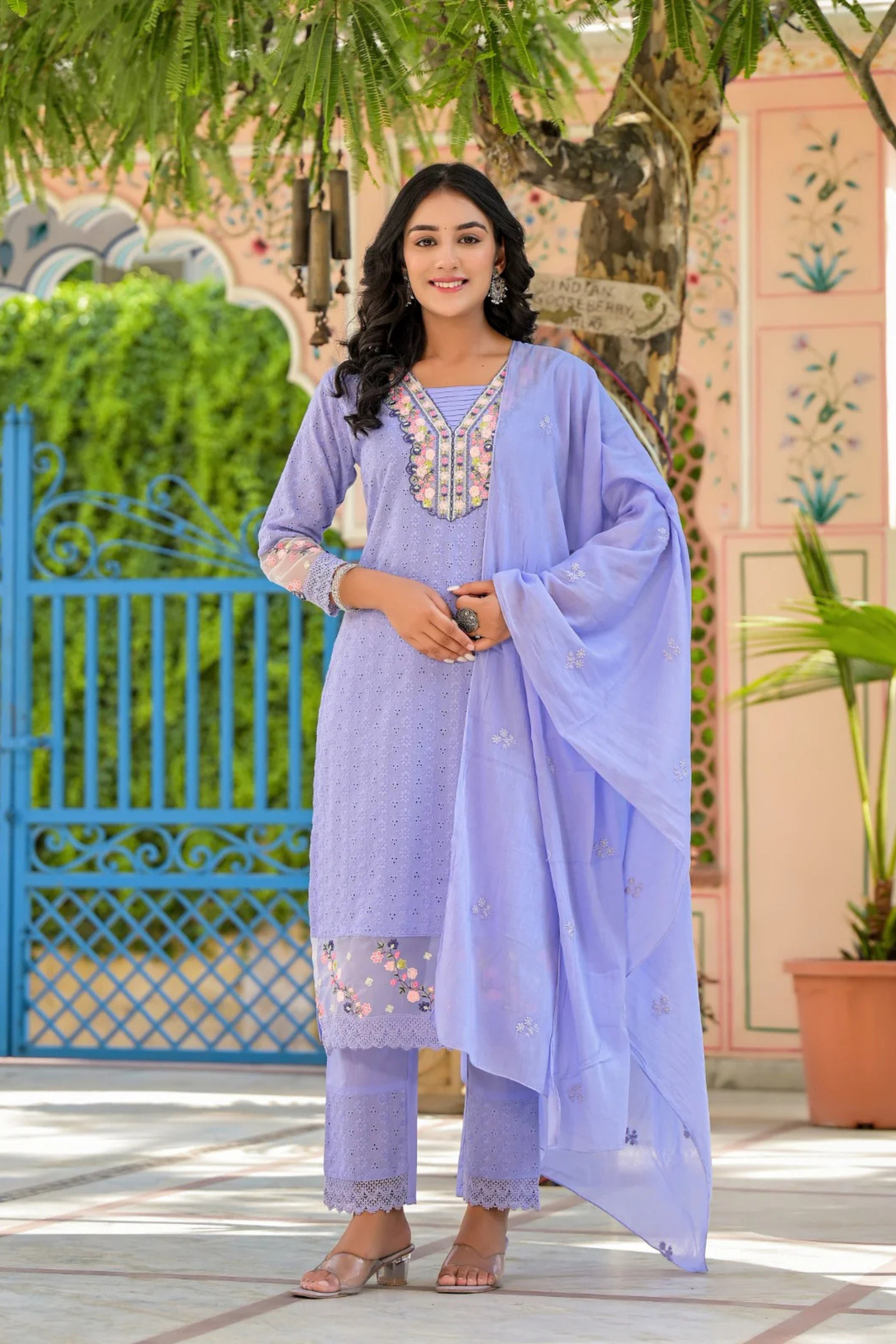 Sky Blue Threadwork Shifli Kurta Set - KAJREE