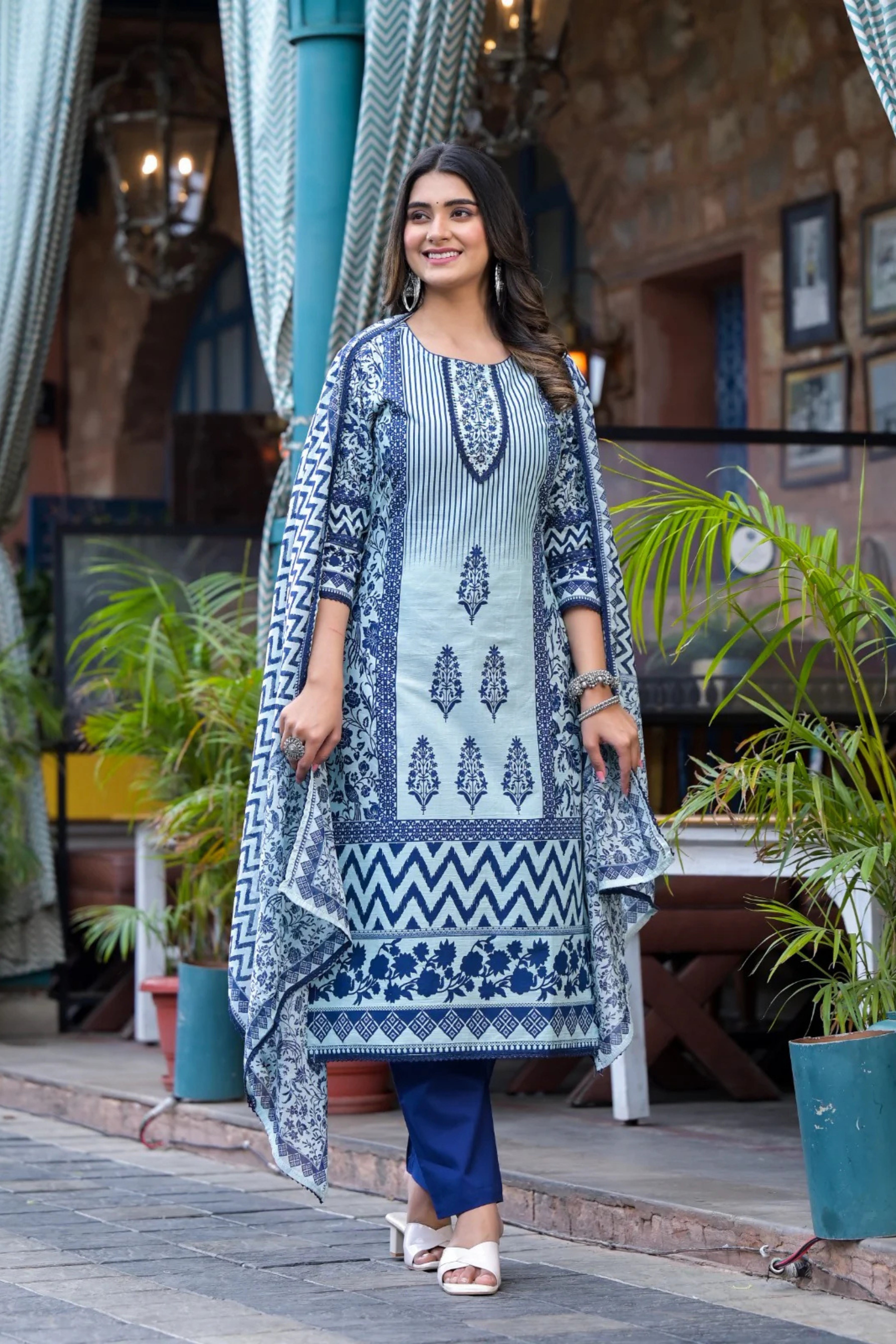 Navy Blue Block Print Muslin Kurta Set - kajree
