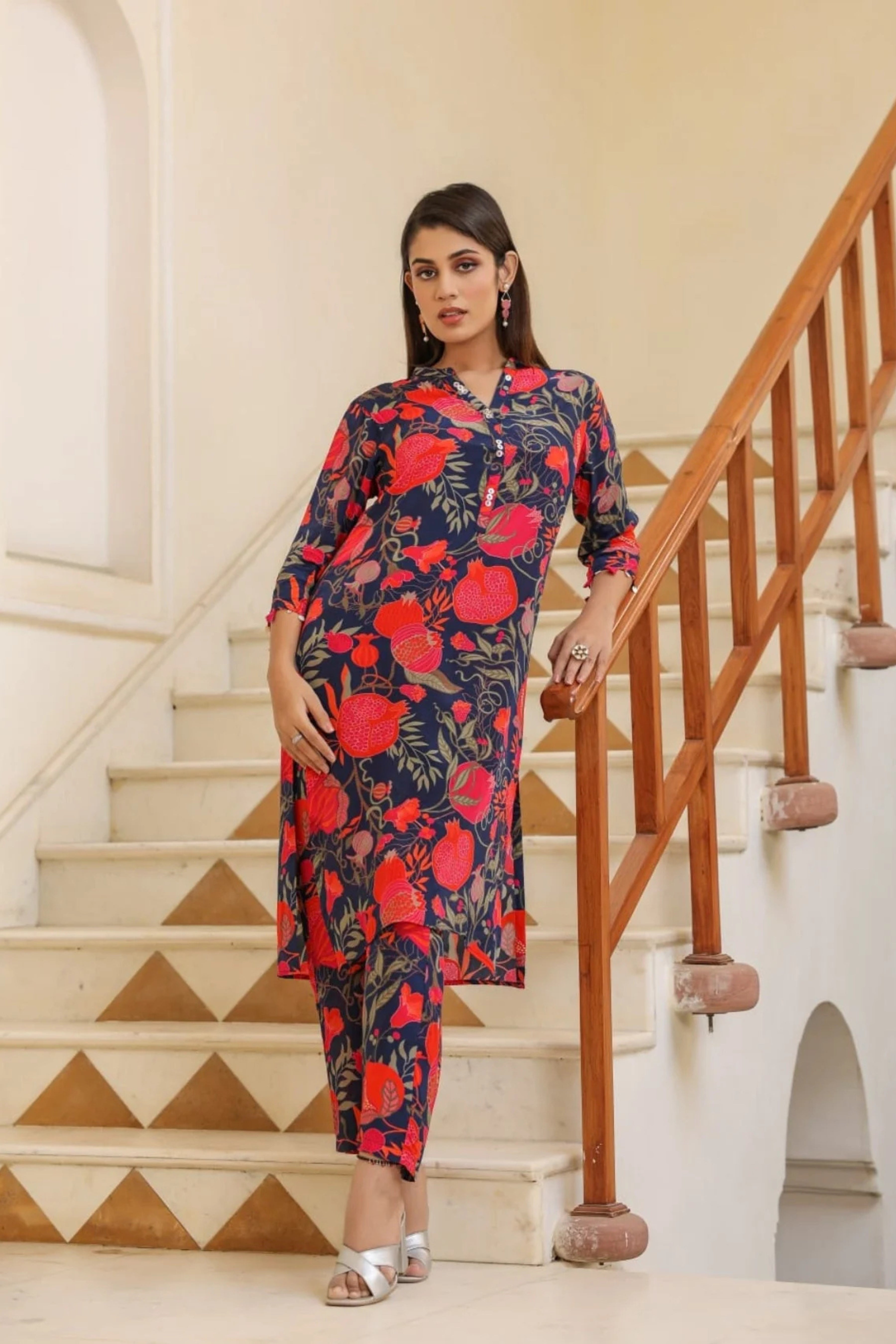 Blue Block Printed Pure Crepe Co-Ord Set - KAJREE