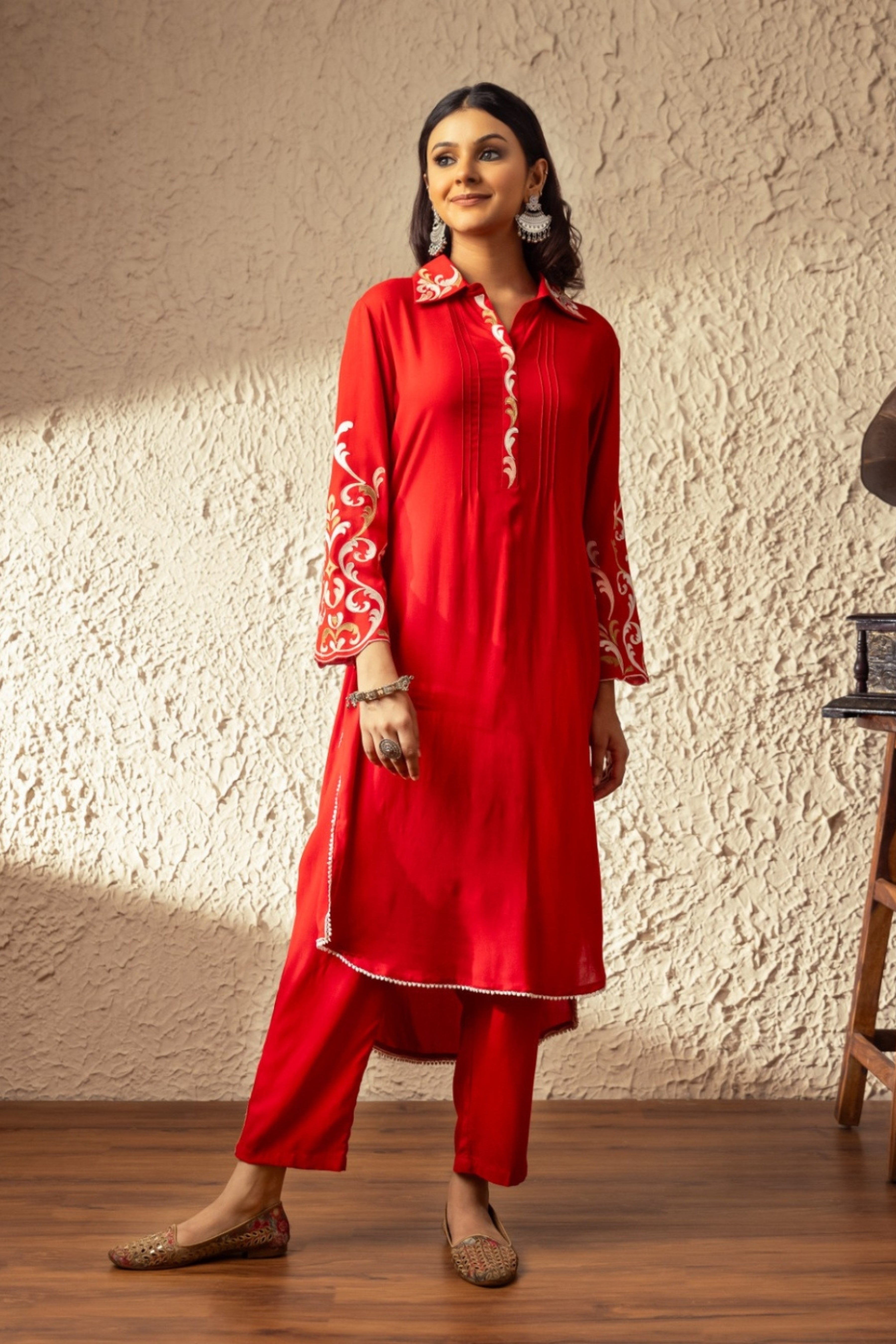 Red Threadwork Muslin Kurta Set - KAJREE