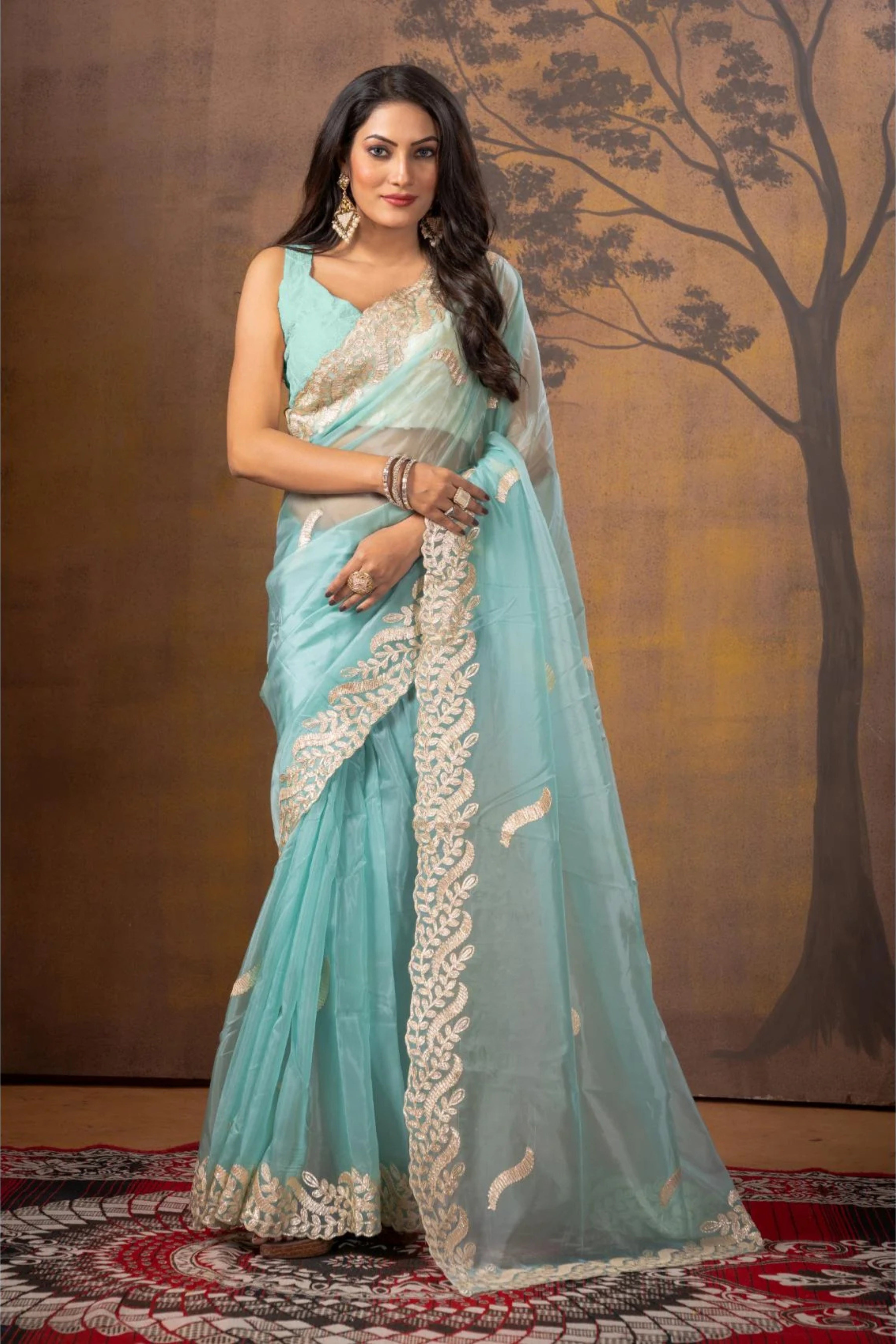 Sky Blue Gottapatti work Tissue Saree - Kajree 