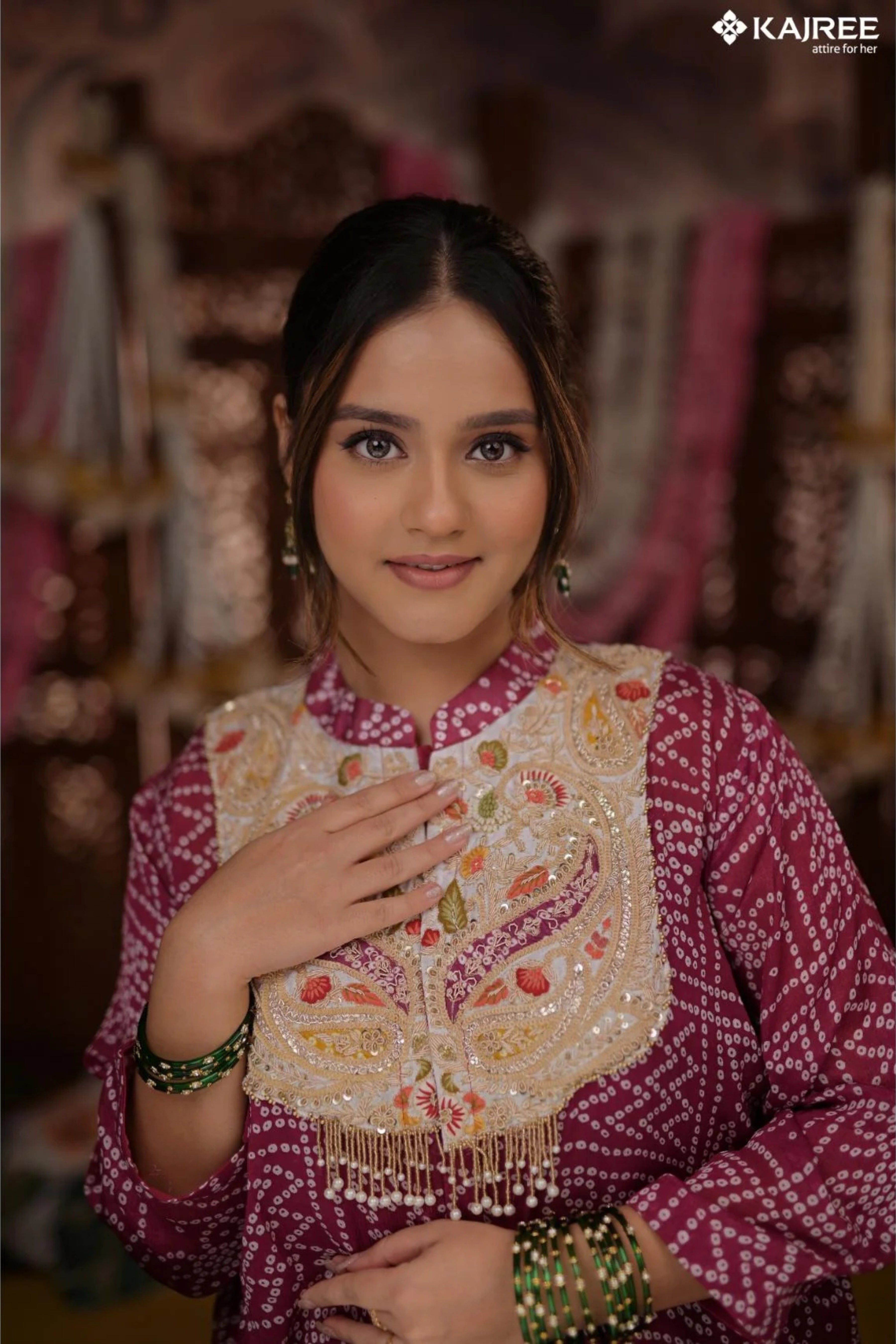 Purple Handwork Embroidery Top and Skirt bandhani 