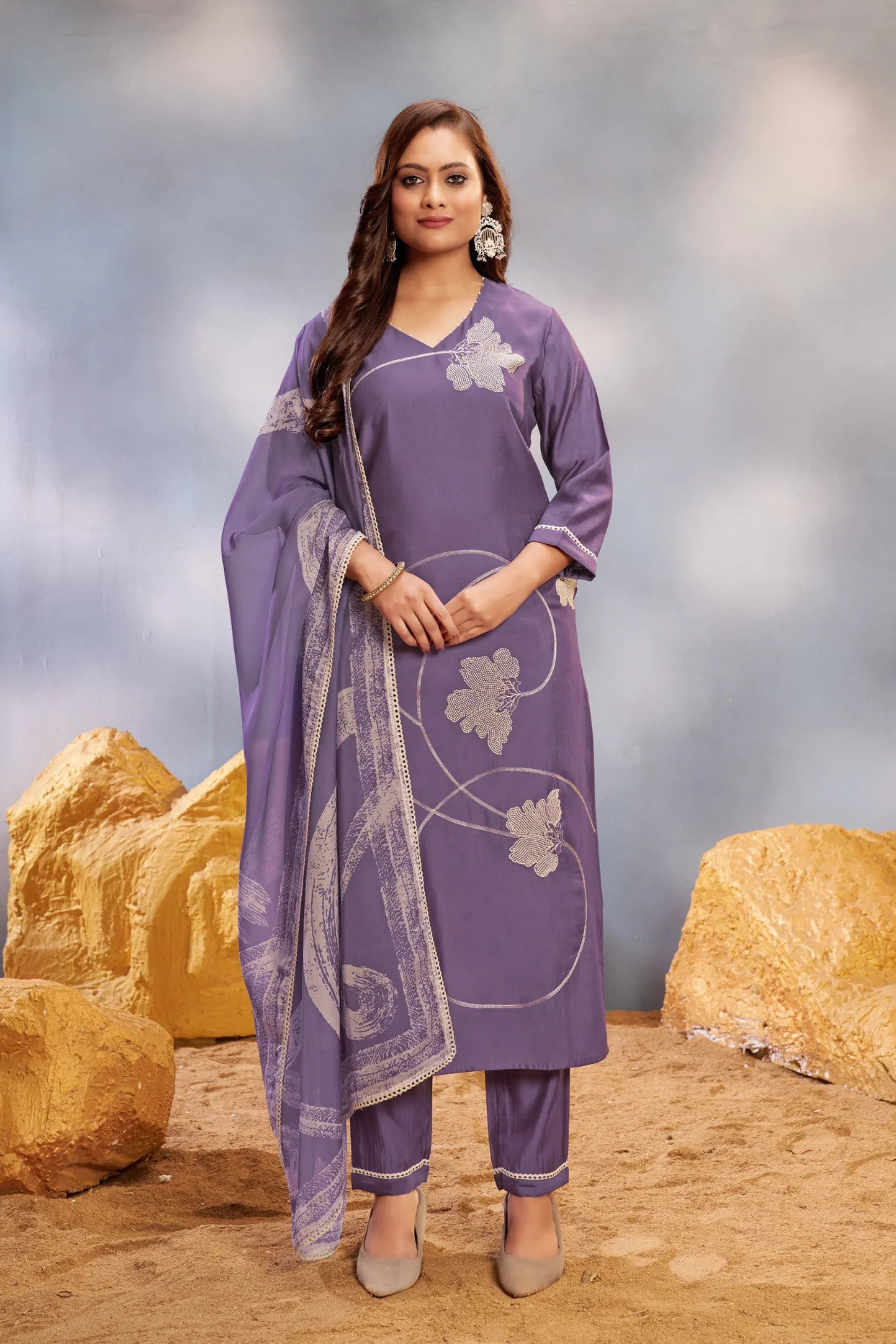 Purple Cut Dana work Muslin Kurta Set - Kajree