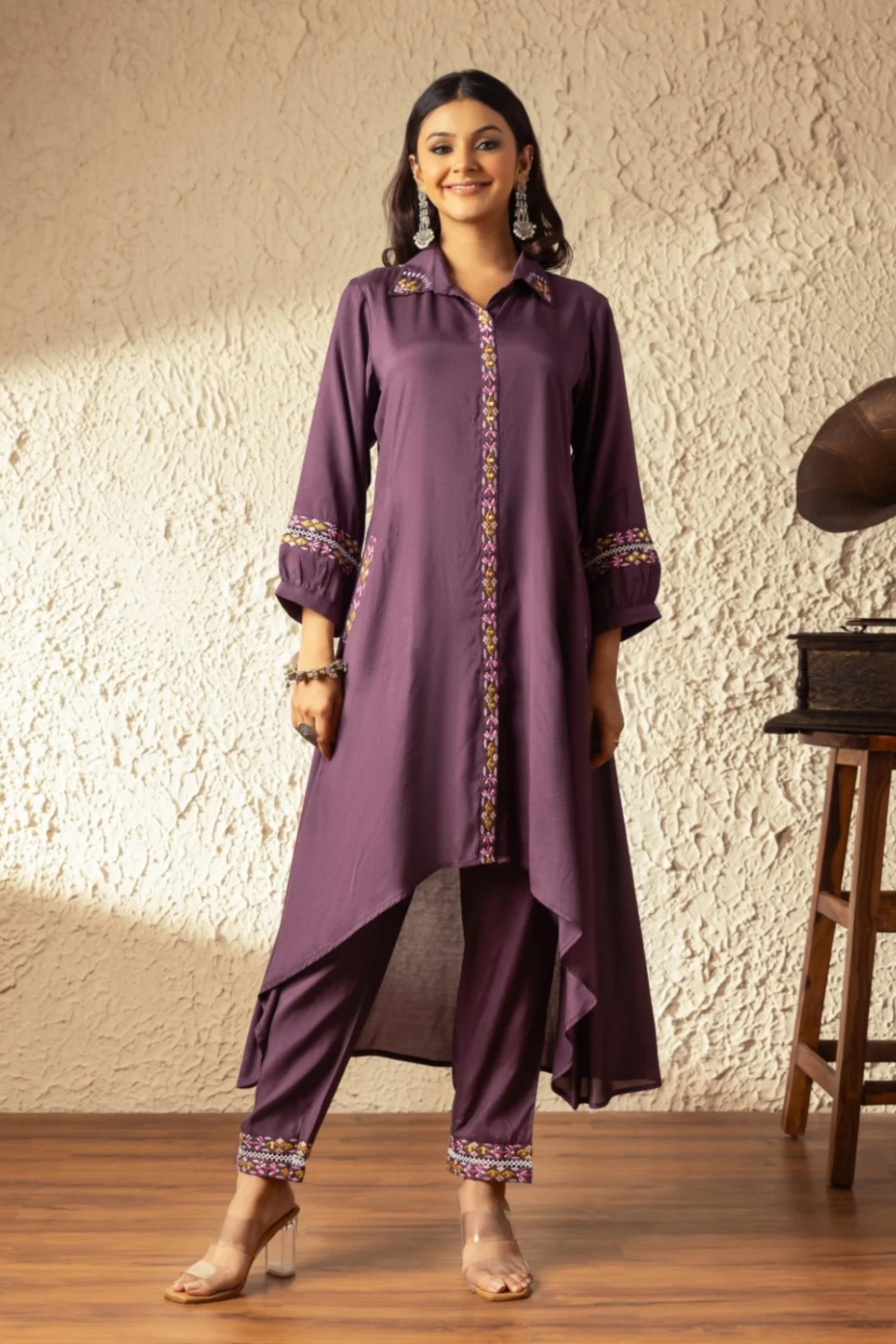 Purple Threadwork Muslin Kurta Set - KAJREE