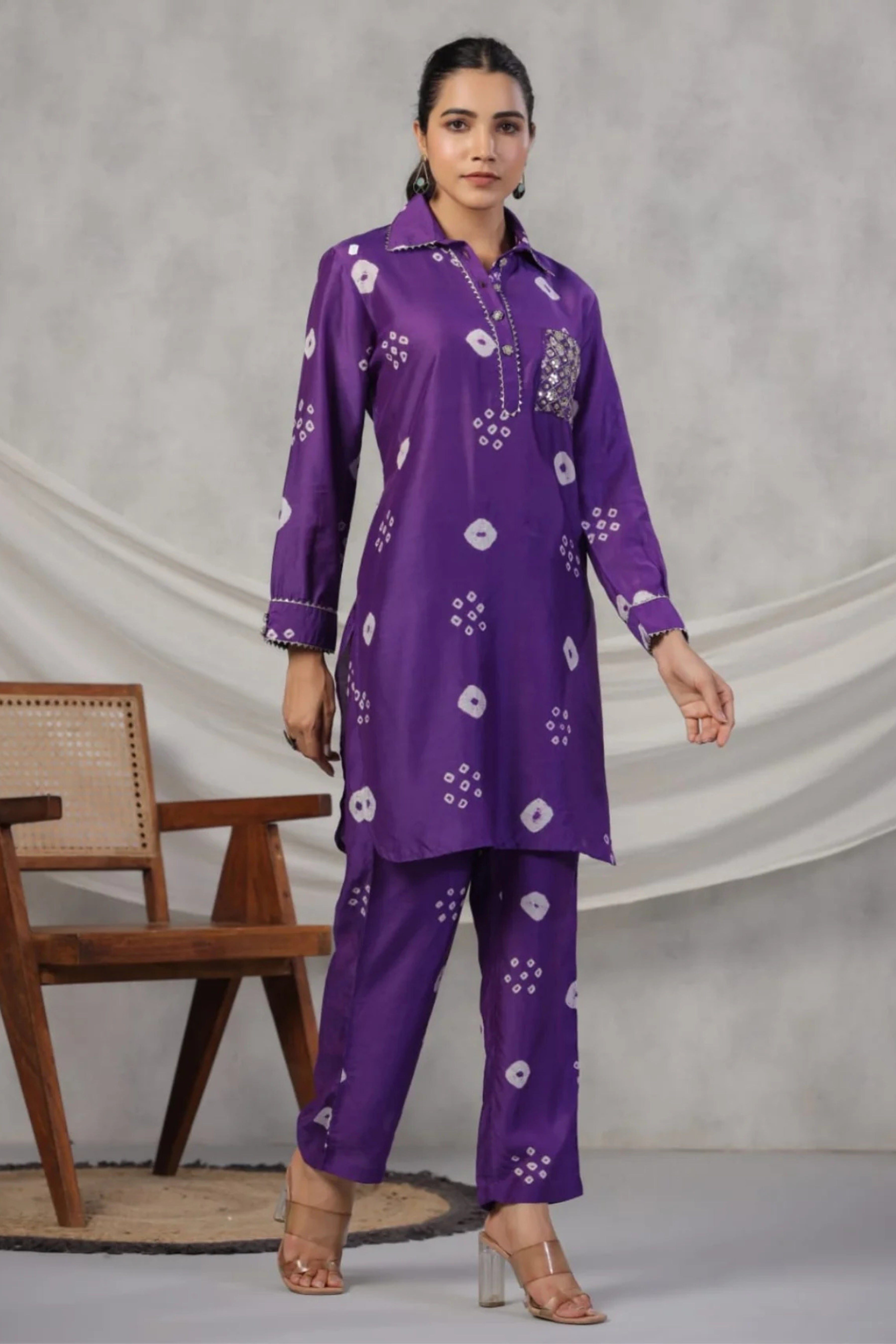Purple Bandhani print Muslin Co-Ord Set - KAJREE