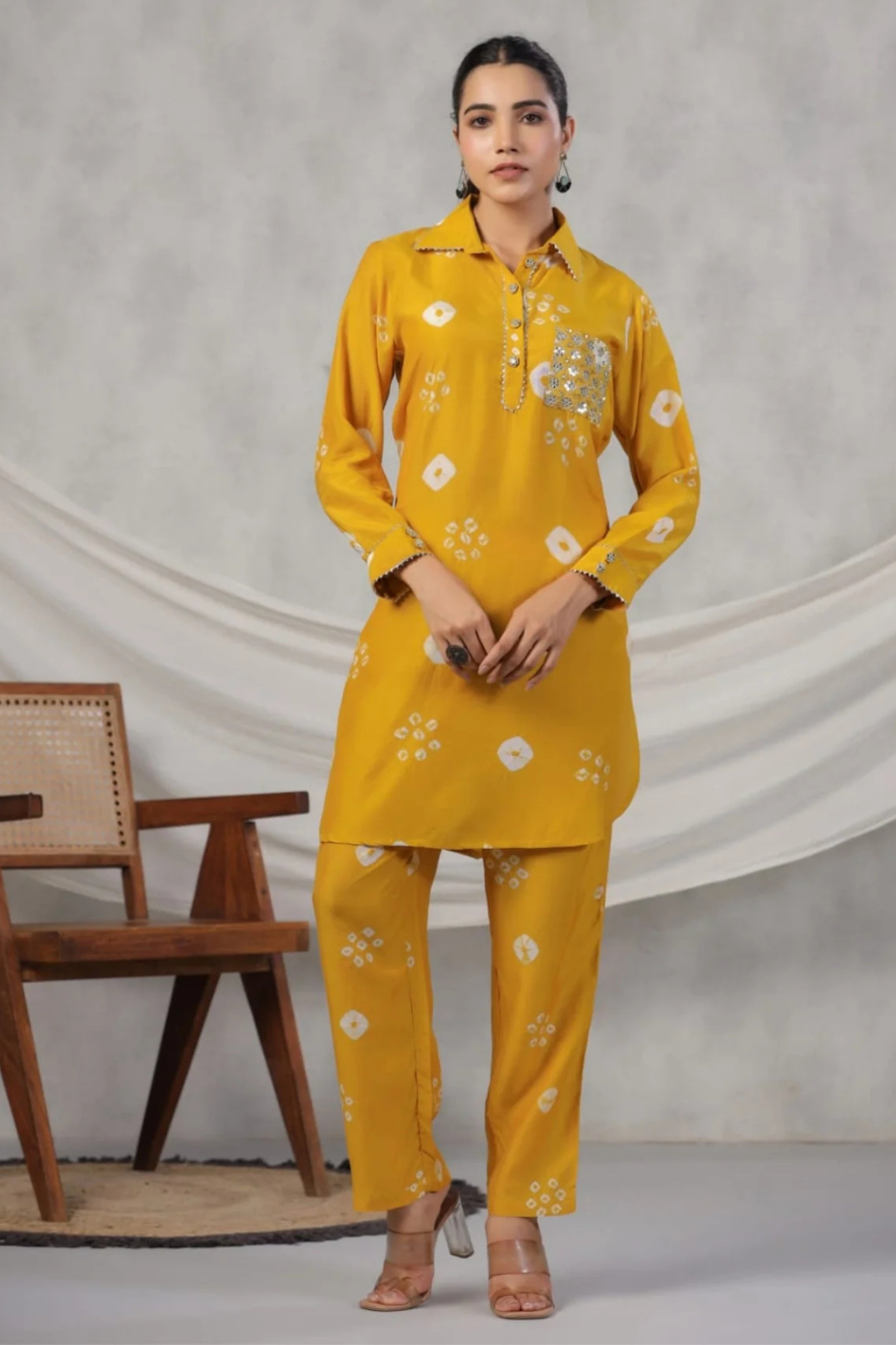 Mustard Bandhani print Cotton Co-ord Set 