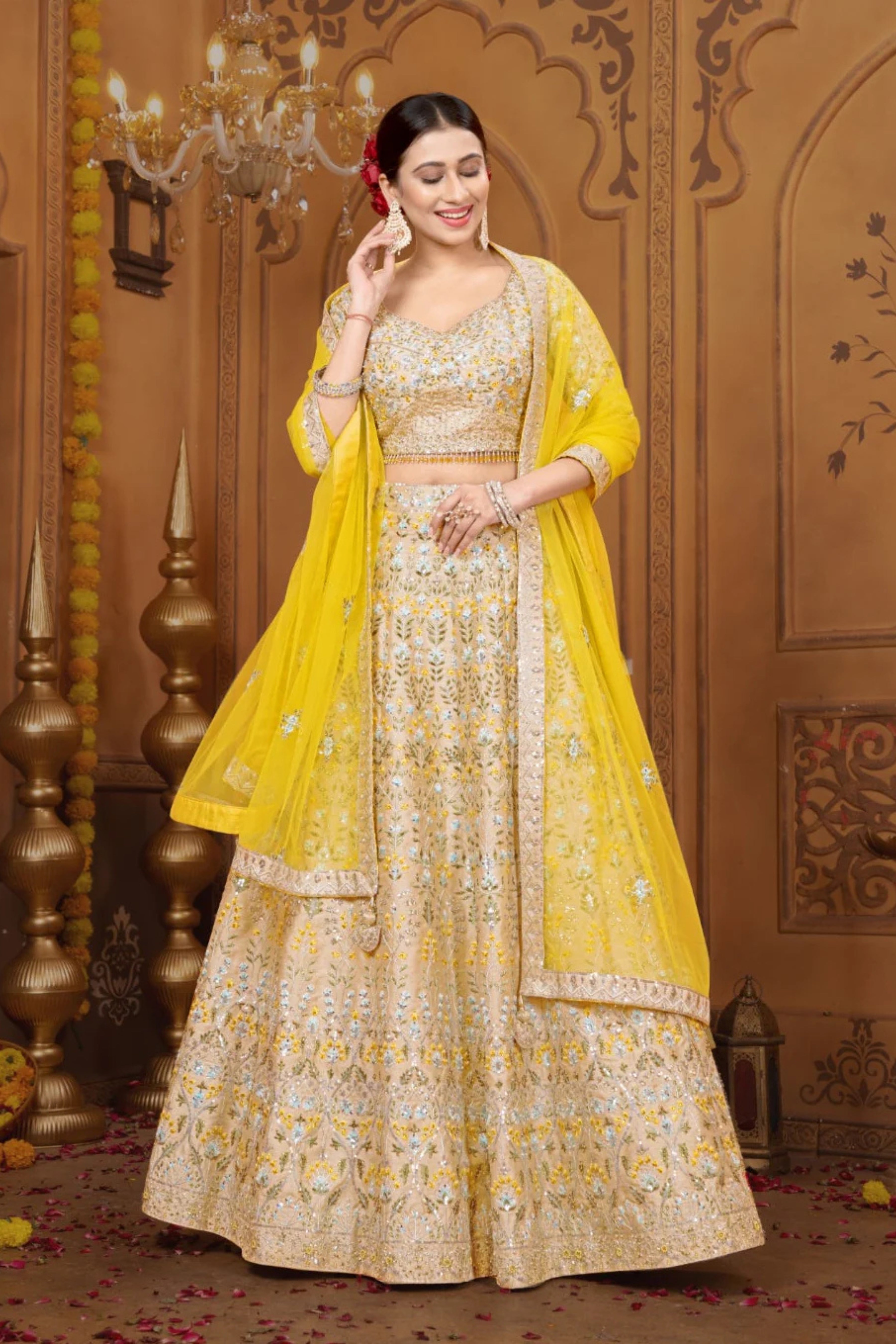 Yellow Handwork Silk lehenga set 