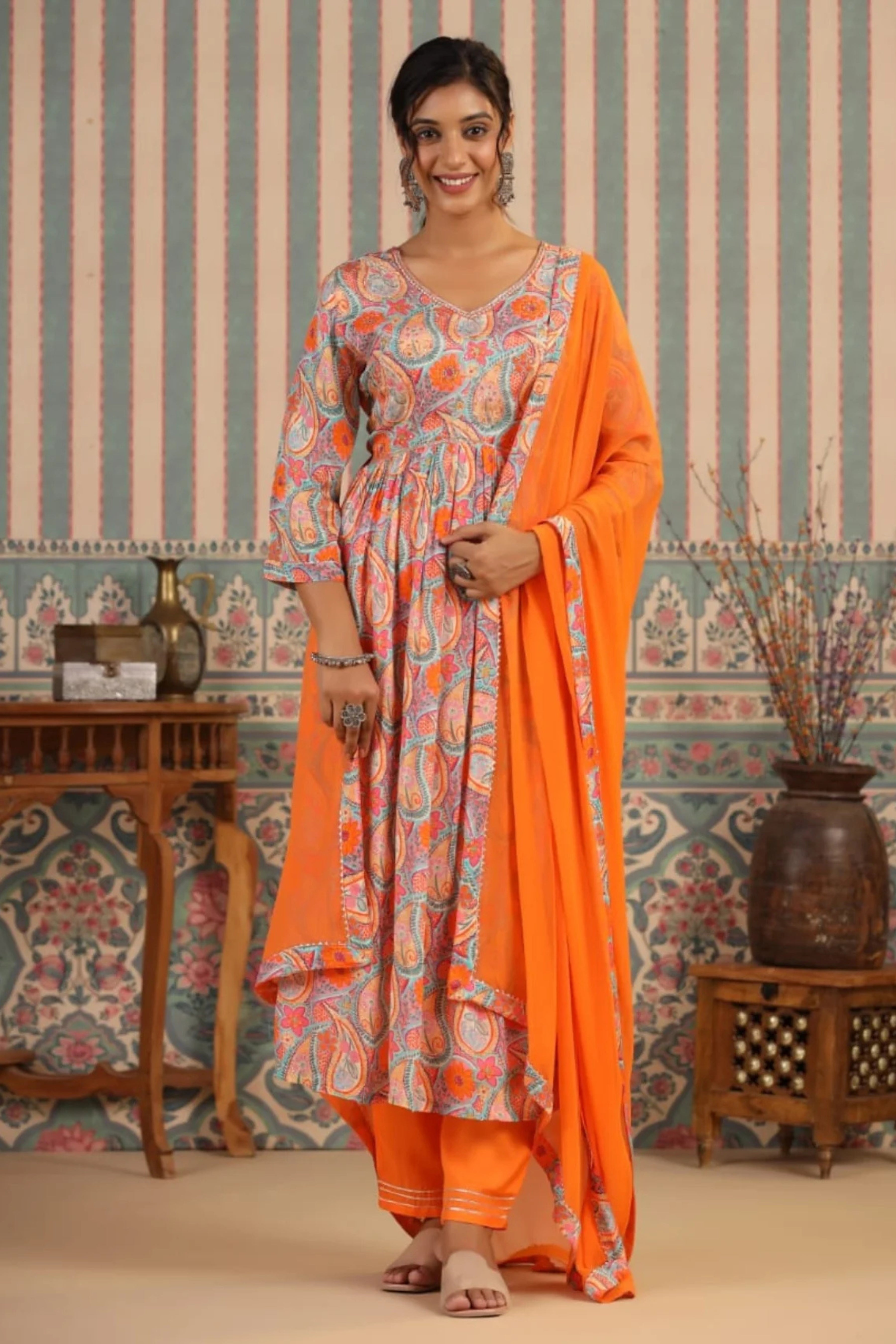 Multicolor Threadwork Crepe Kurta Set 