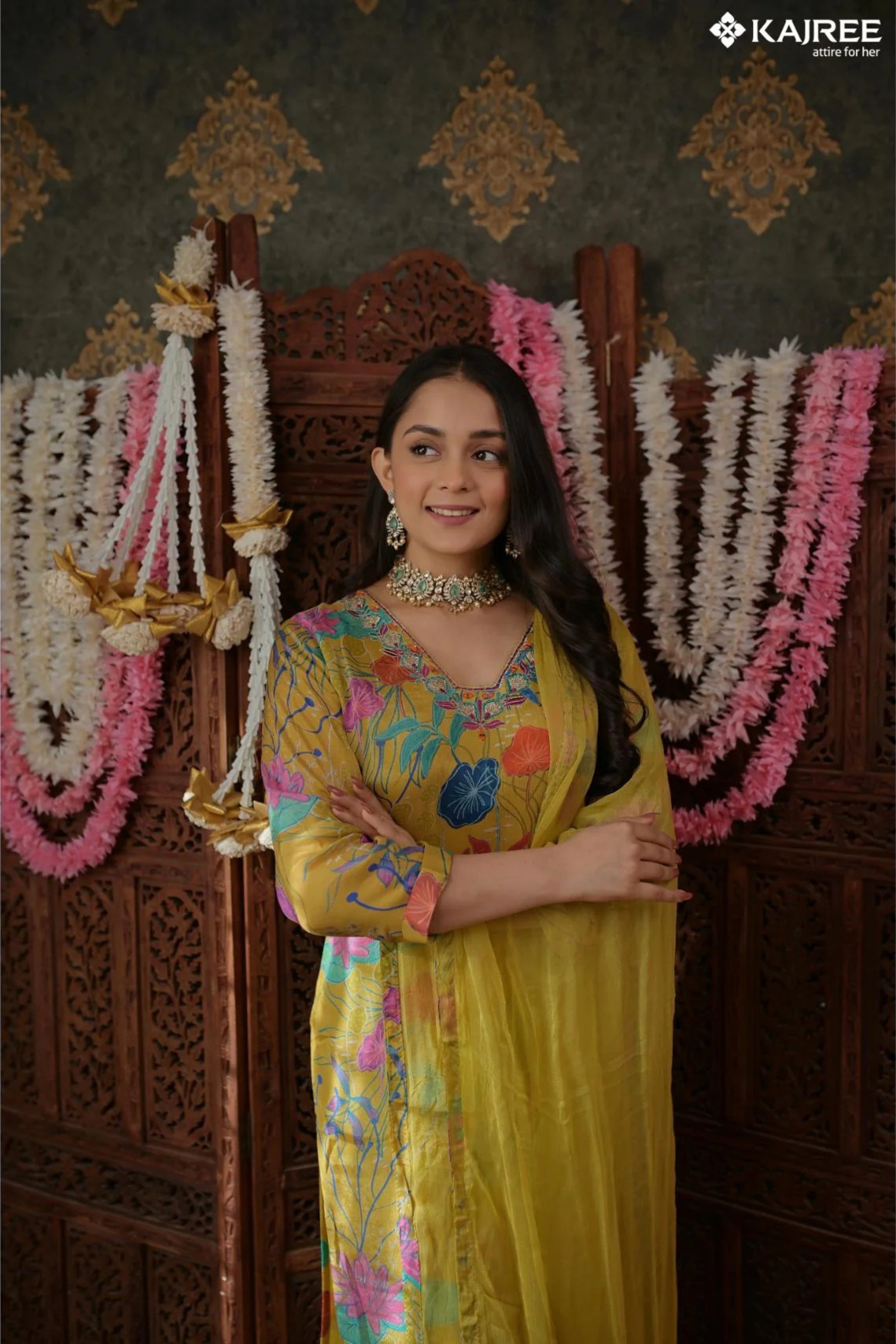 Yellow Block Printed Crepe Kurta Set 