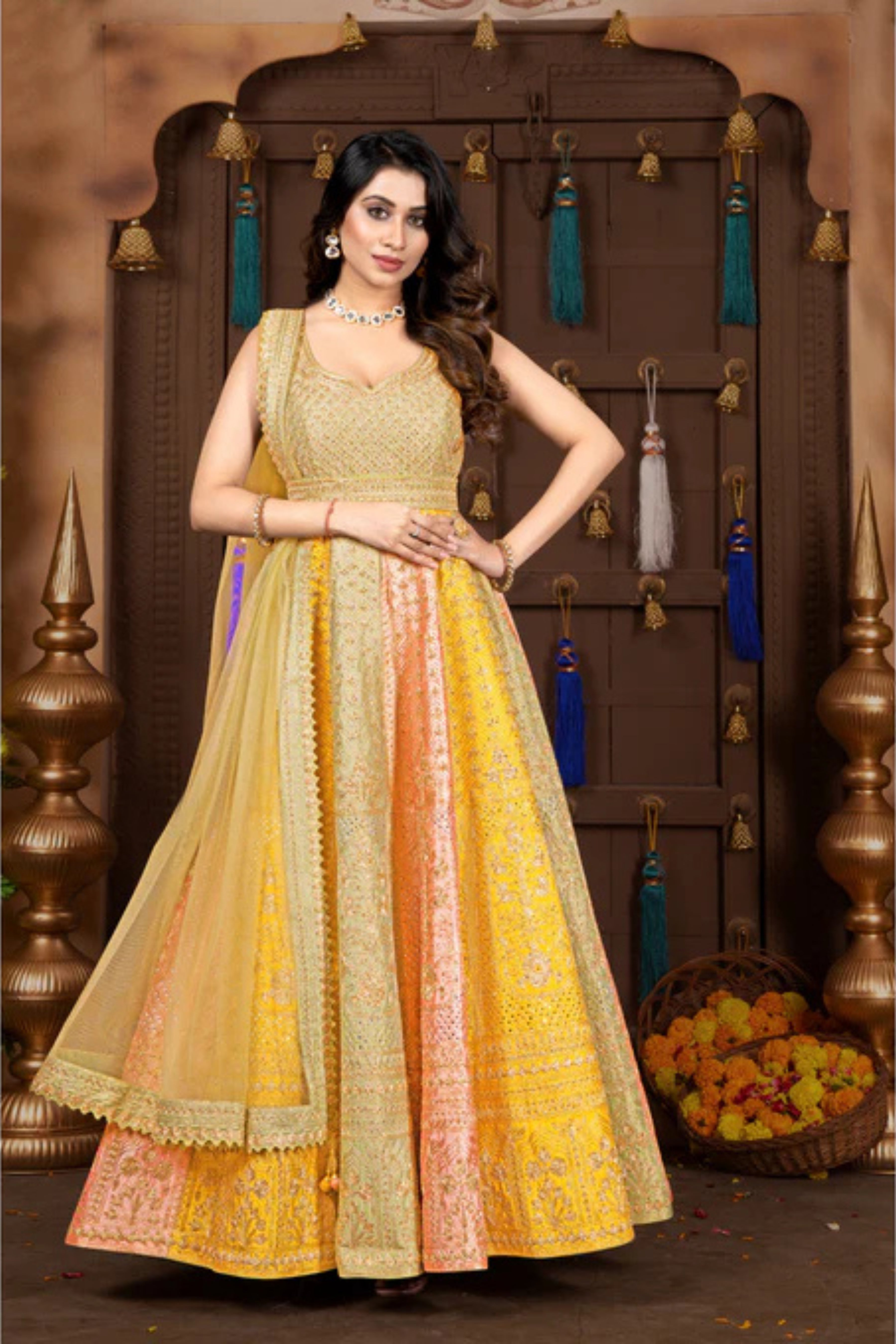 Multicolor stone work and pure Silk aari Lehenga 