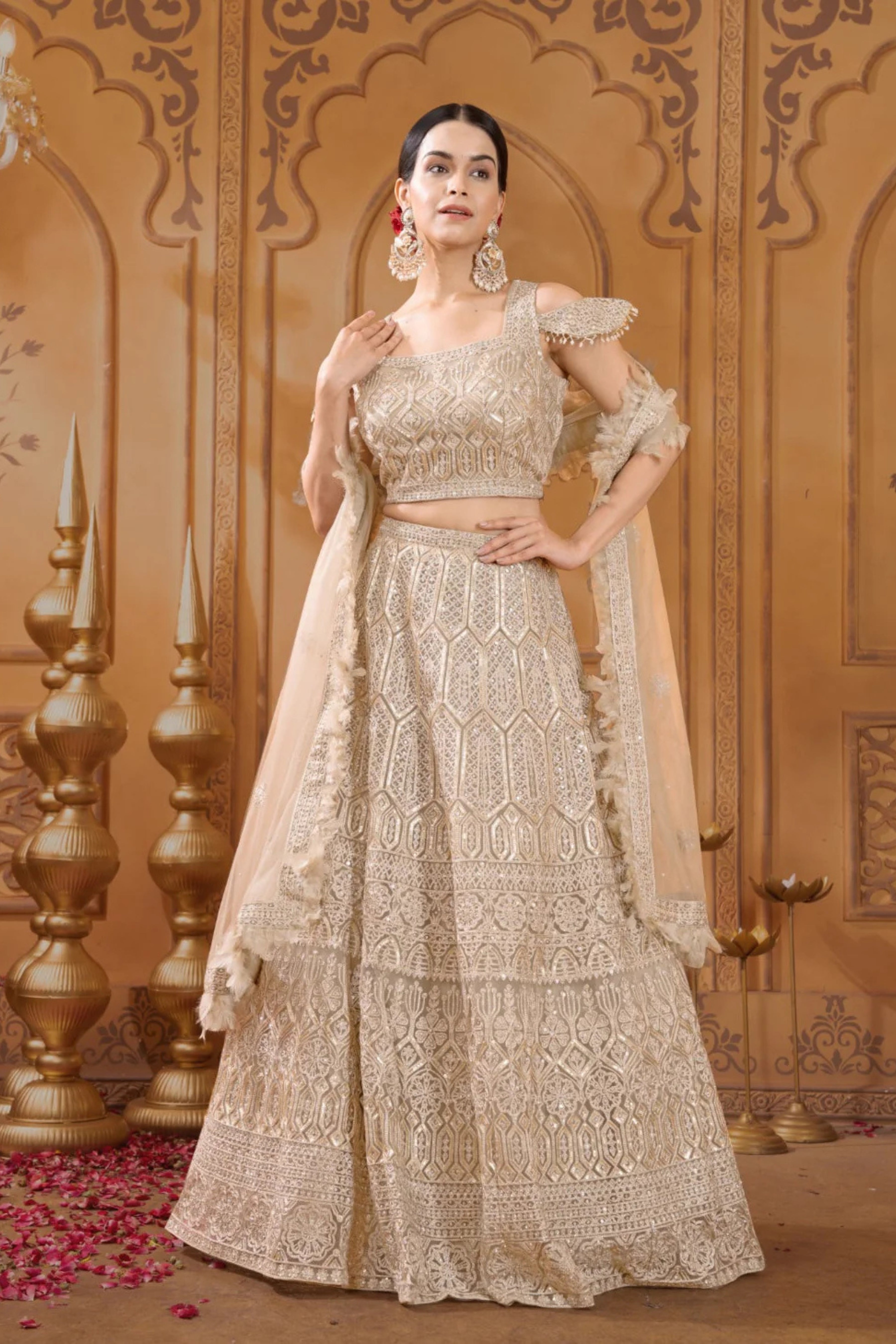Golden Gottapati work Net lehenga set 