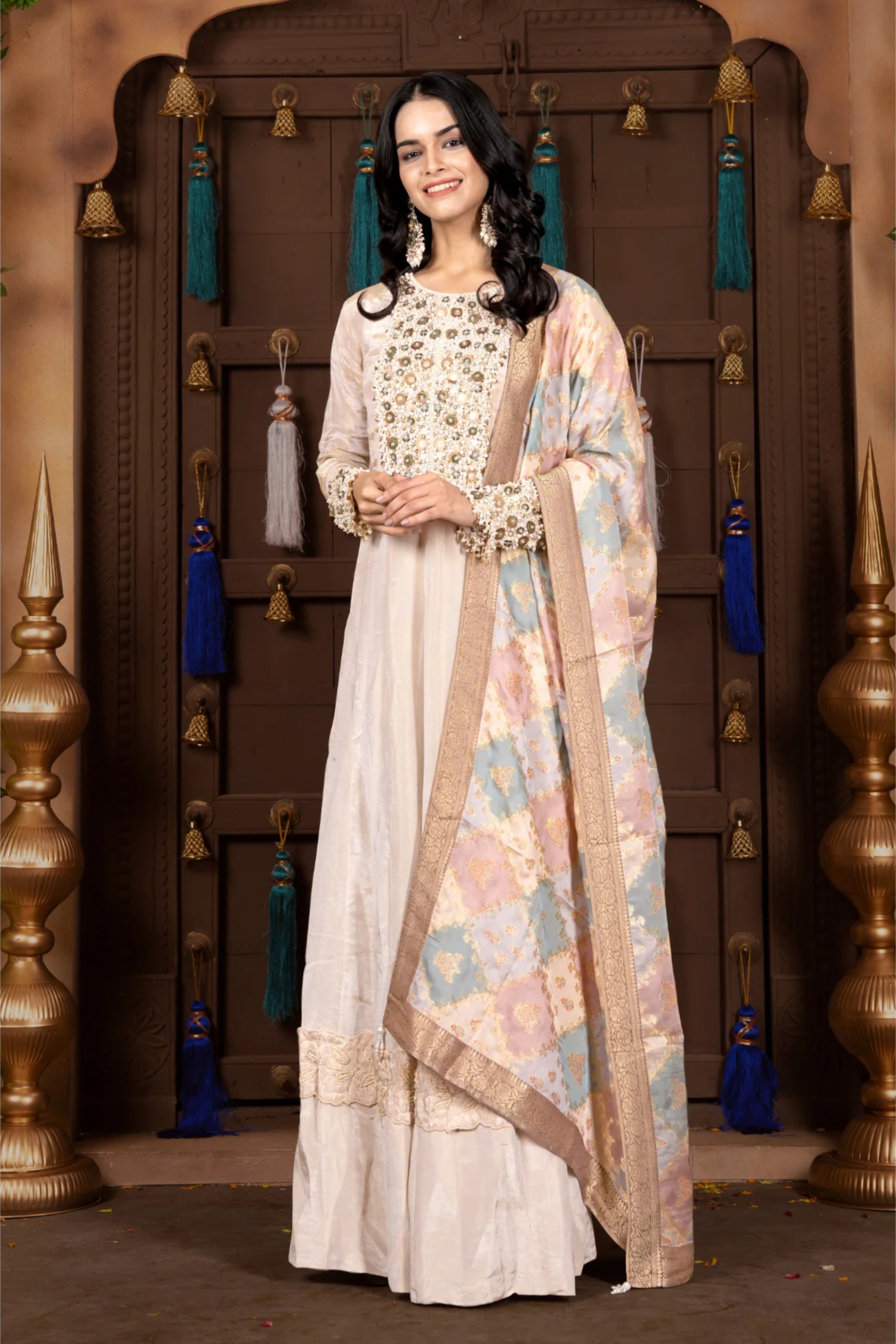 Creme Gotta pati work Silk with bead Gown 