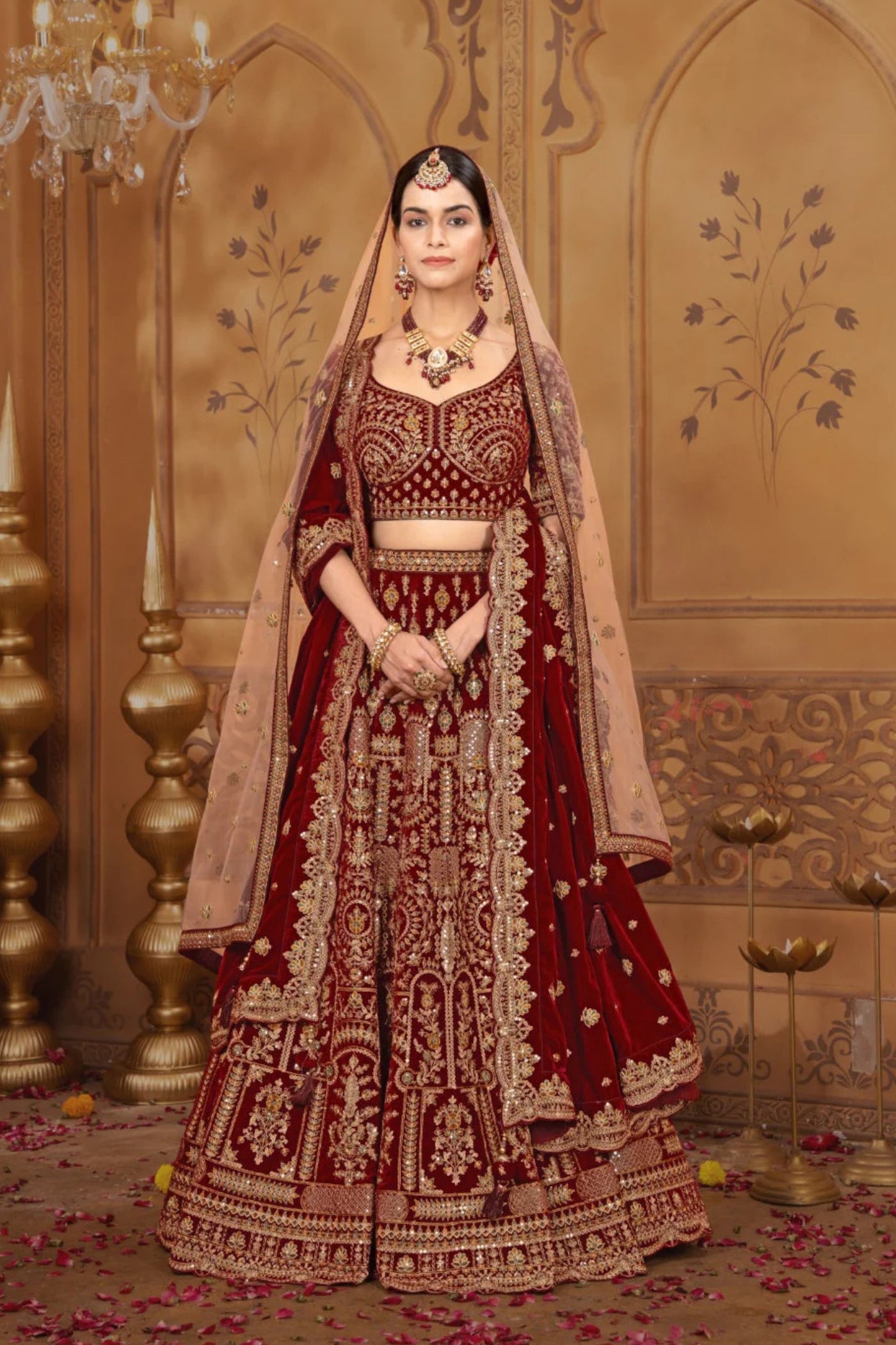 Buy Maroon Bridal Velvet Lehenga with Double Dupatta Wedding