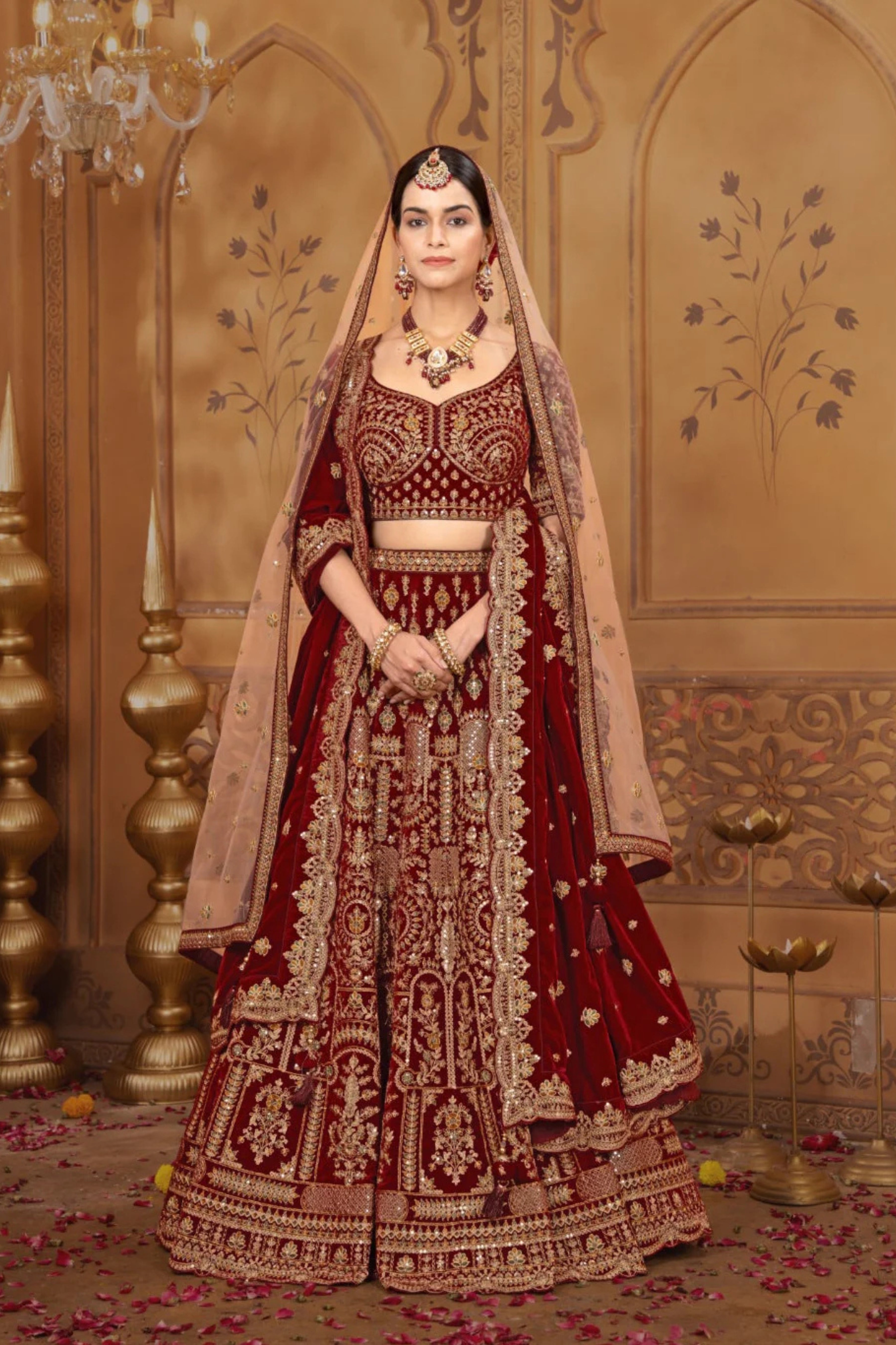 Maroon Jardosi work Velvet Bridal Lehenga Velvet 