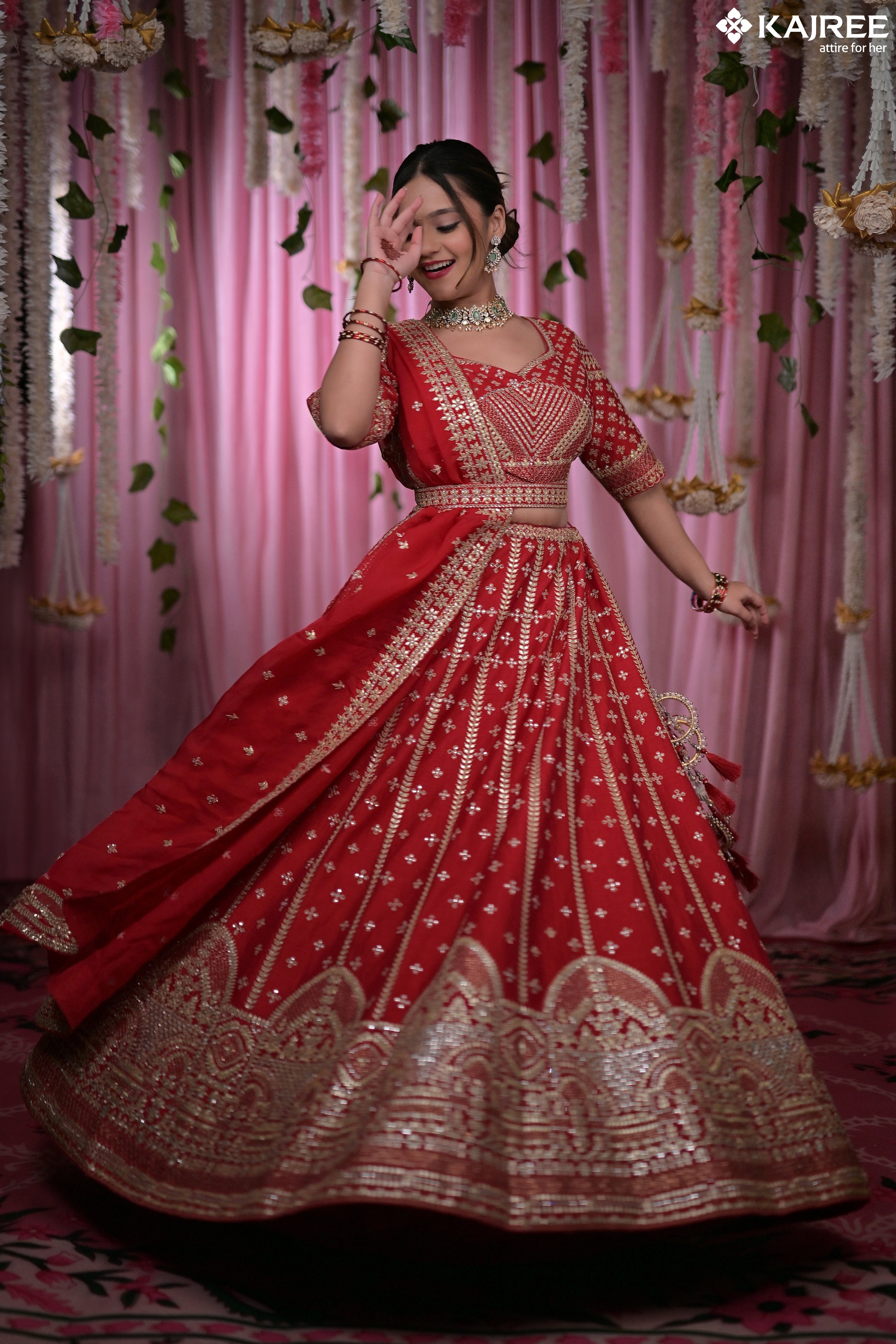 Red Gotta patti work Bridal Silk Lehenga 