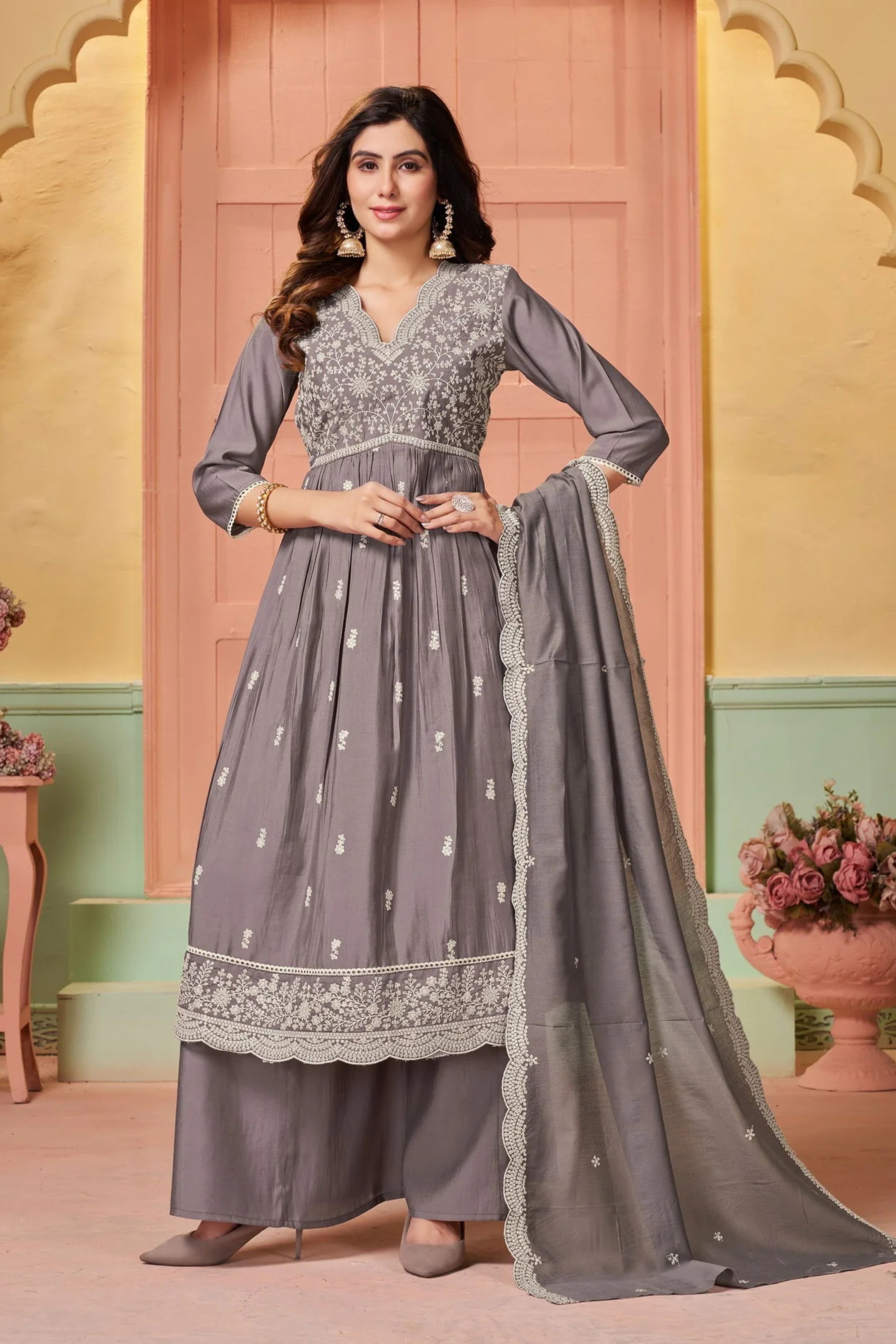 Grey Threadwork Silk Sharara Suit - KAJREE