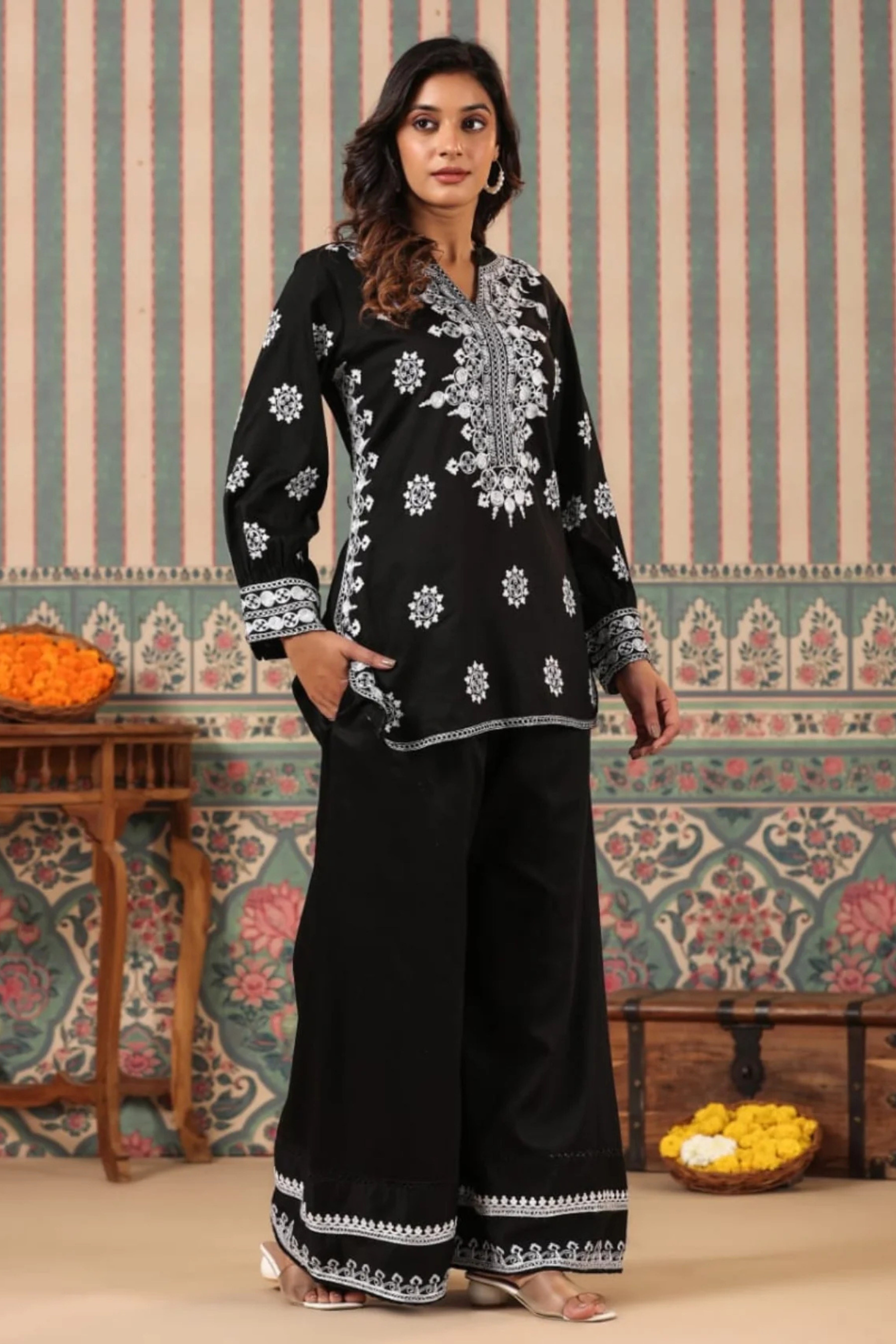 Black Threadwork Pure Cotton Palazzo Set 