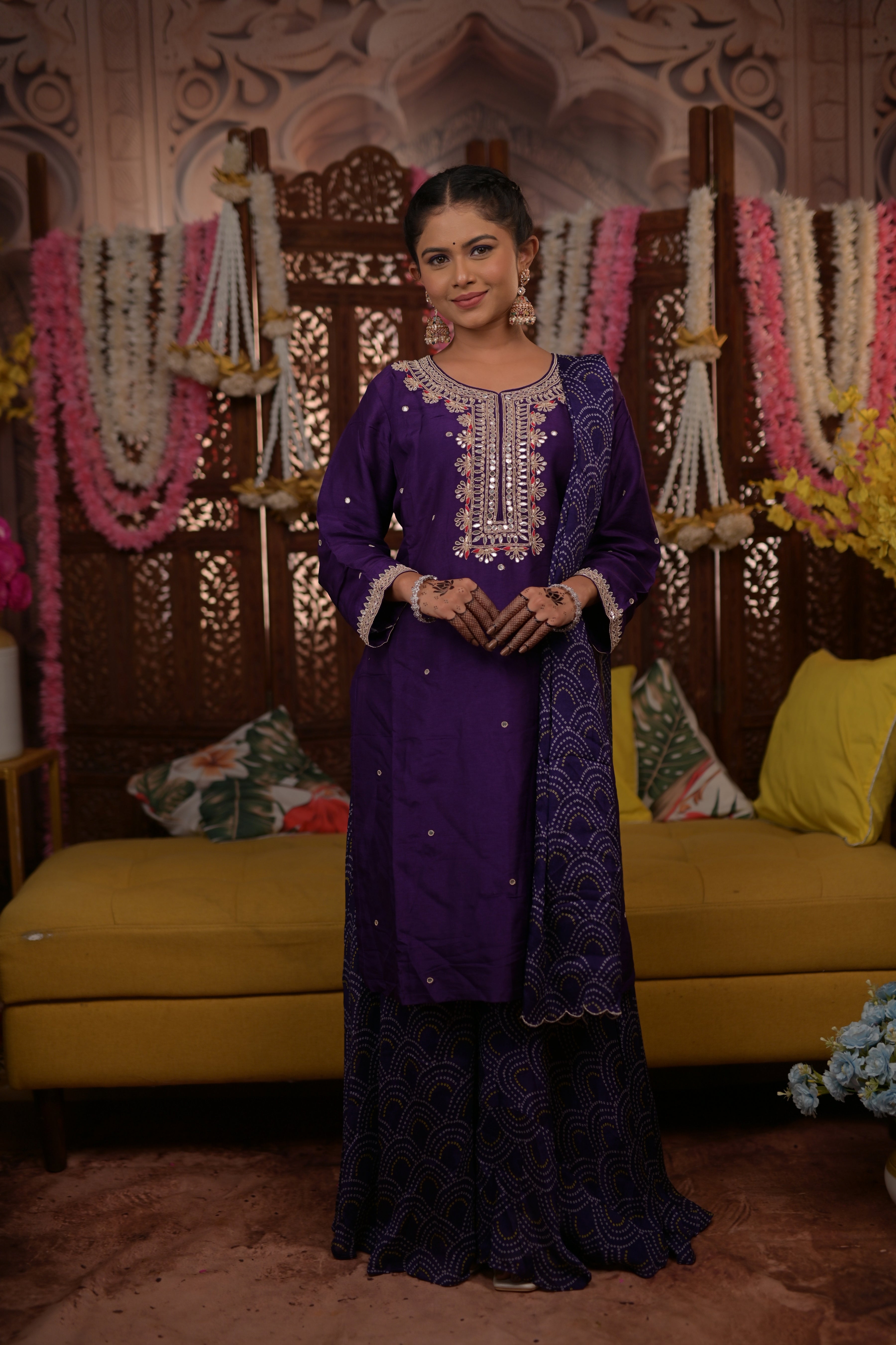 Purple Handwork Embroidery Silk Kurta Set 