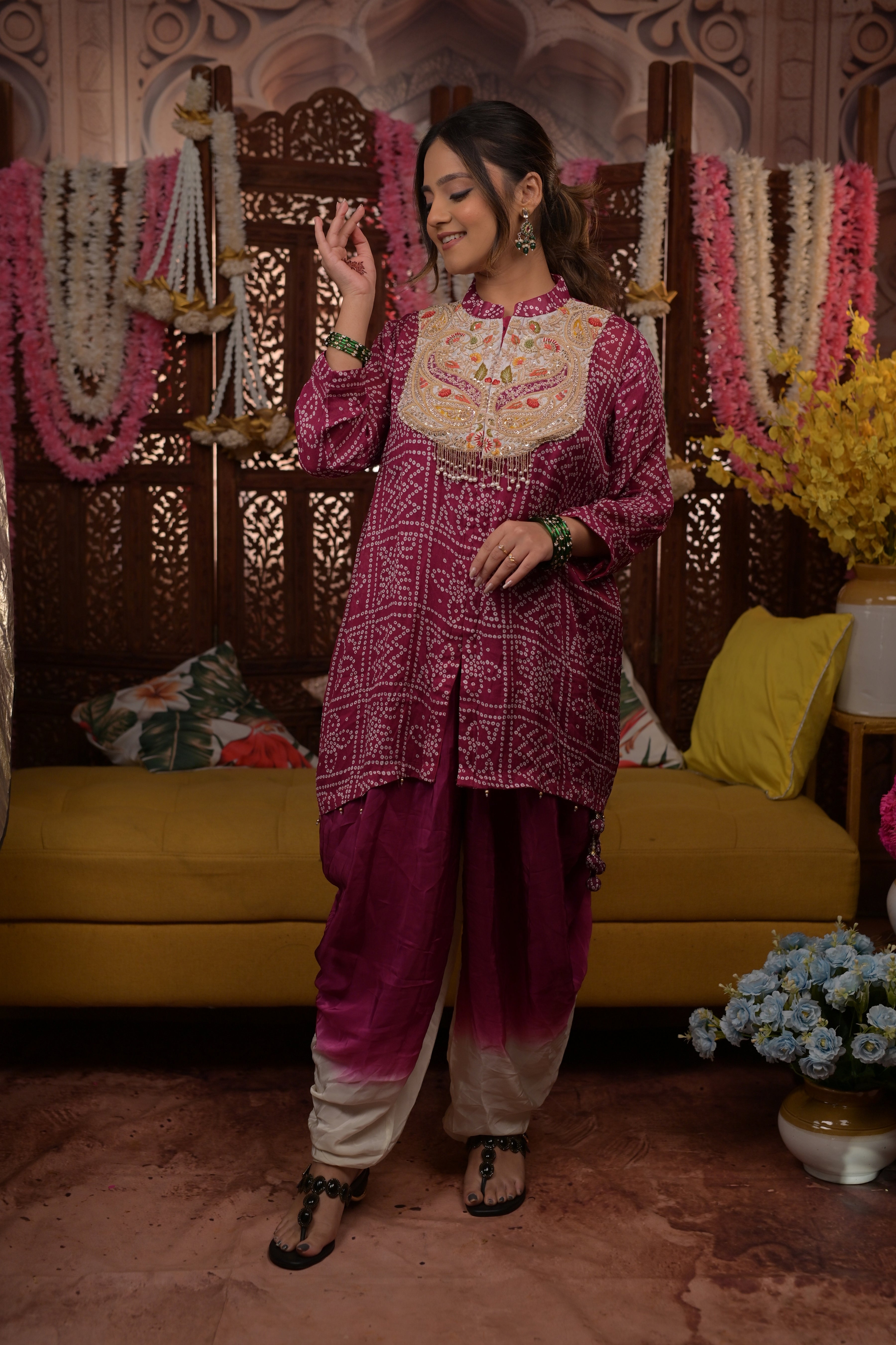 Purple Handwork Embroidery Top and Skirt bandhani 