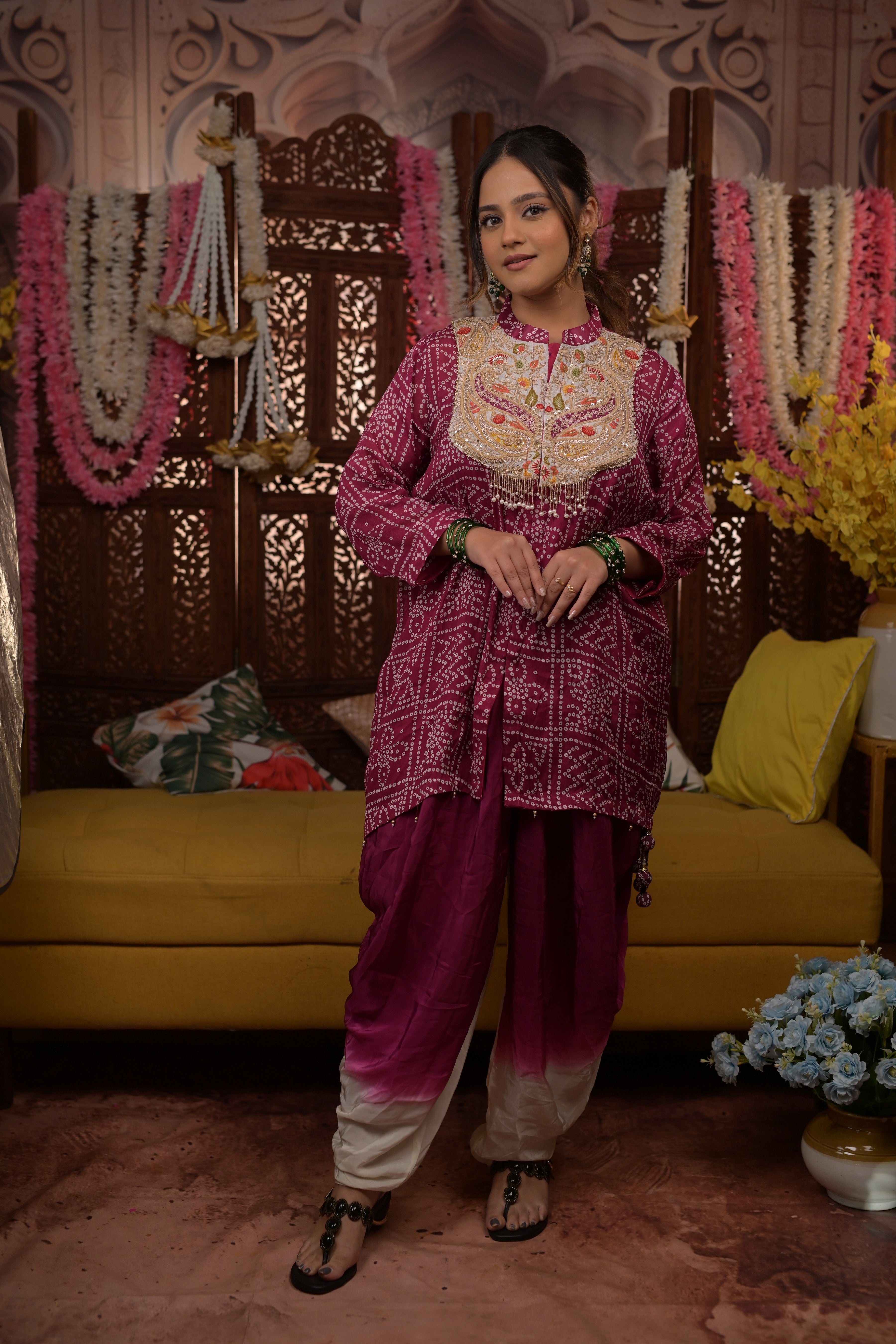 Purple Handwork Embroidery Top and Skirt bandhani 