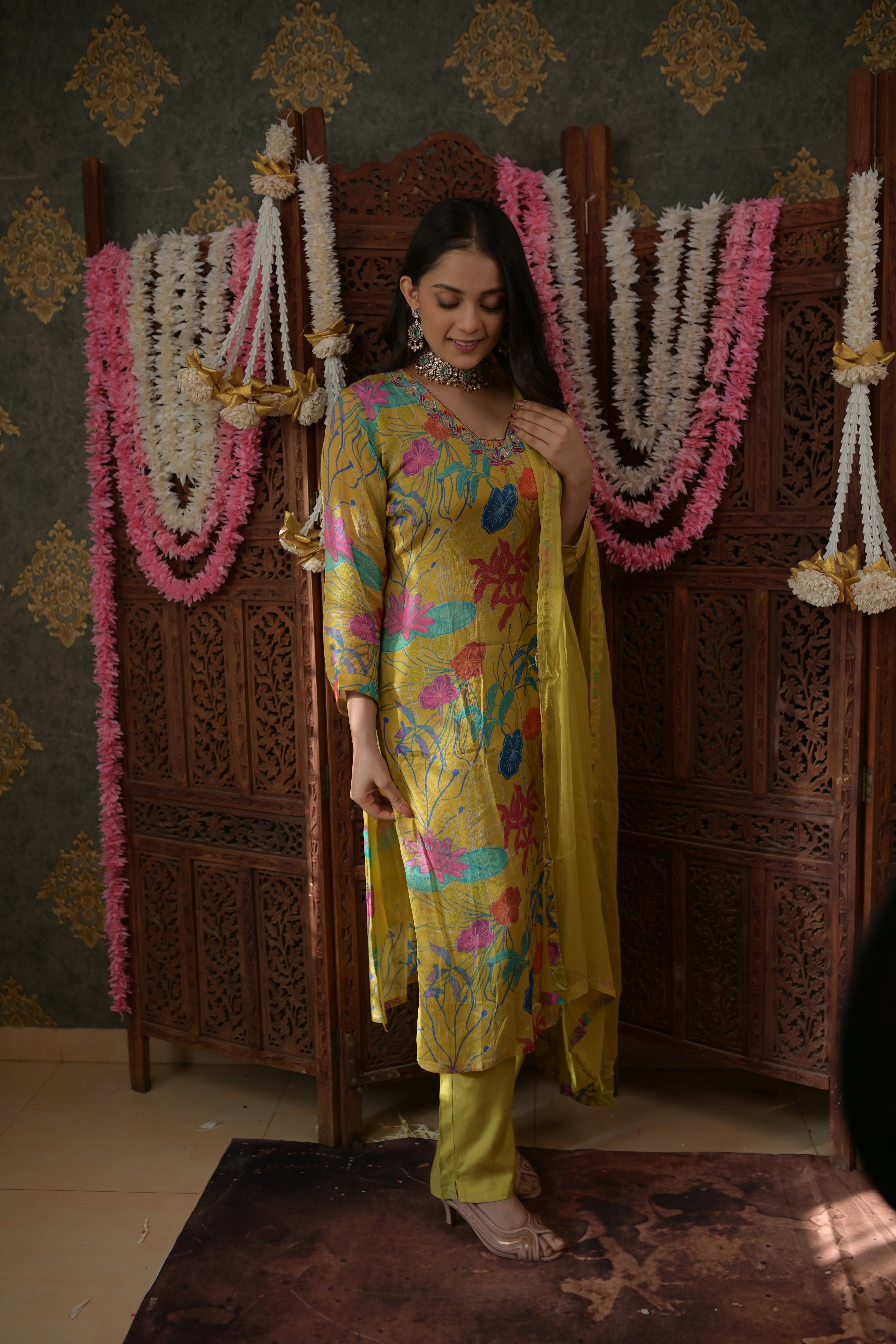 Yellow Block Printed Crepe Kurta Set 