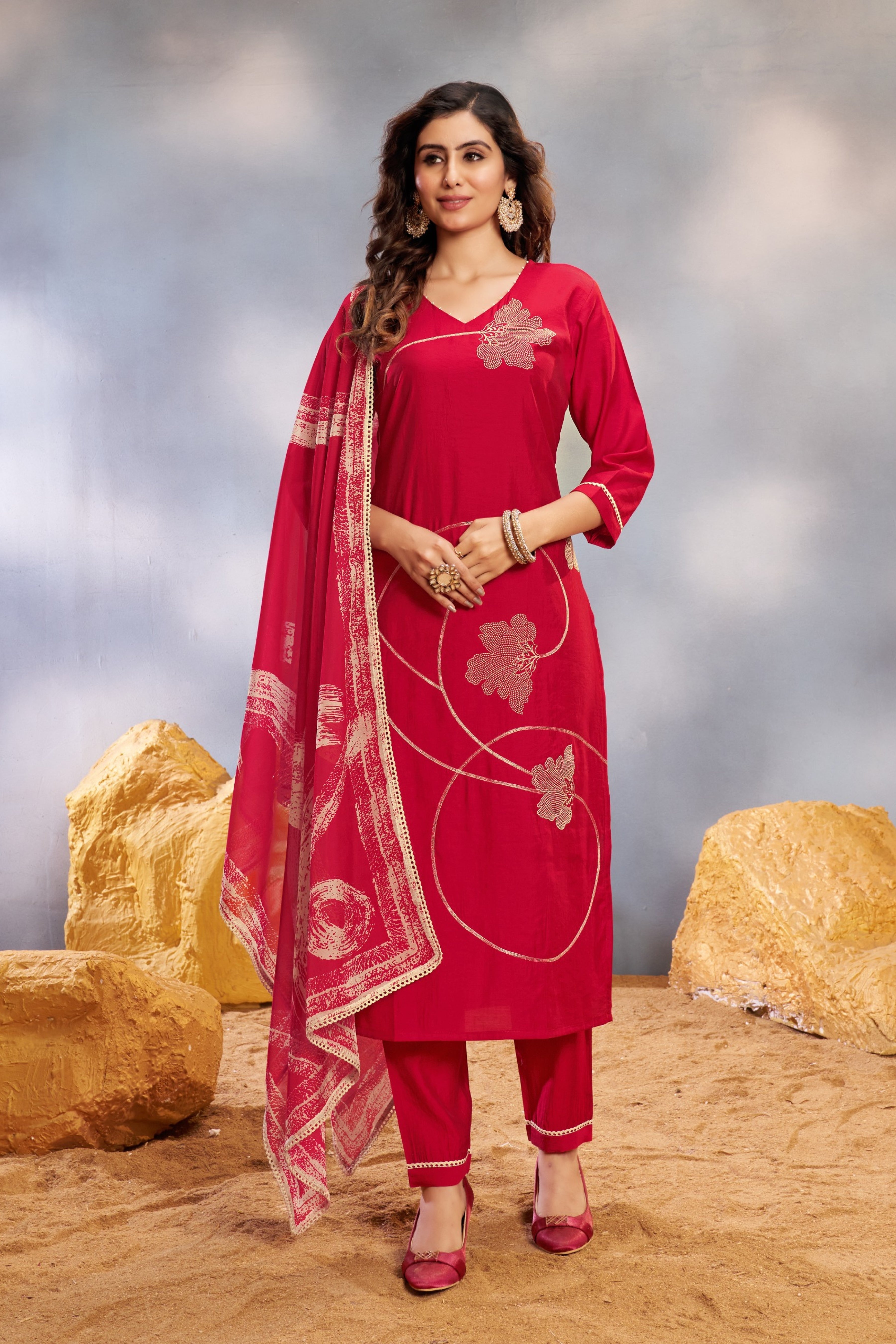Red Cut Dana work Silk Kurta Set - KAJREE