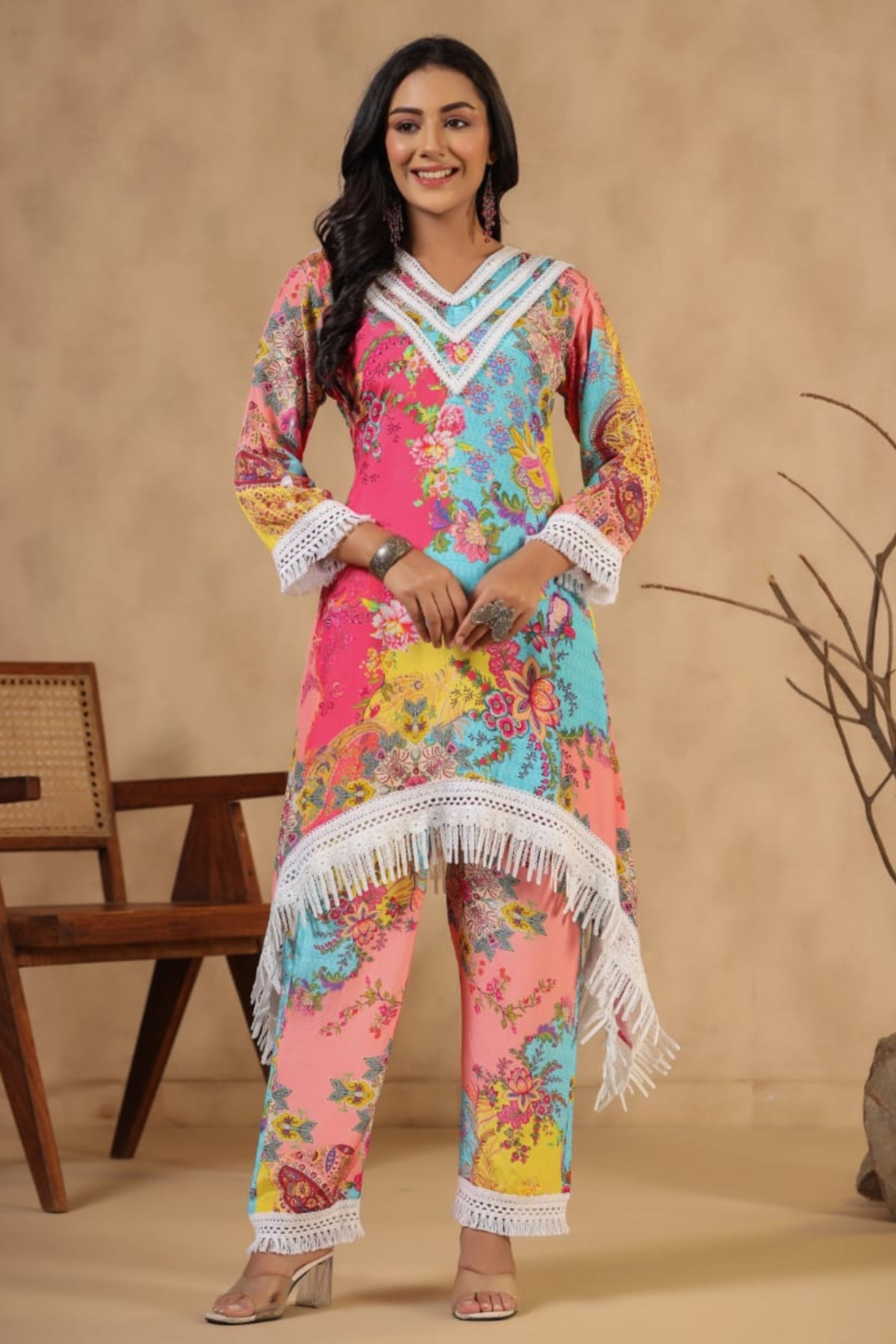Multicolor Blockprint Blent Fabric Co-Ord Set - Kajree