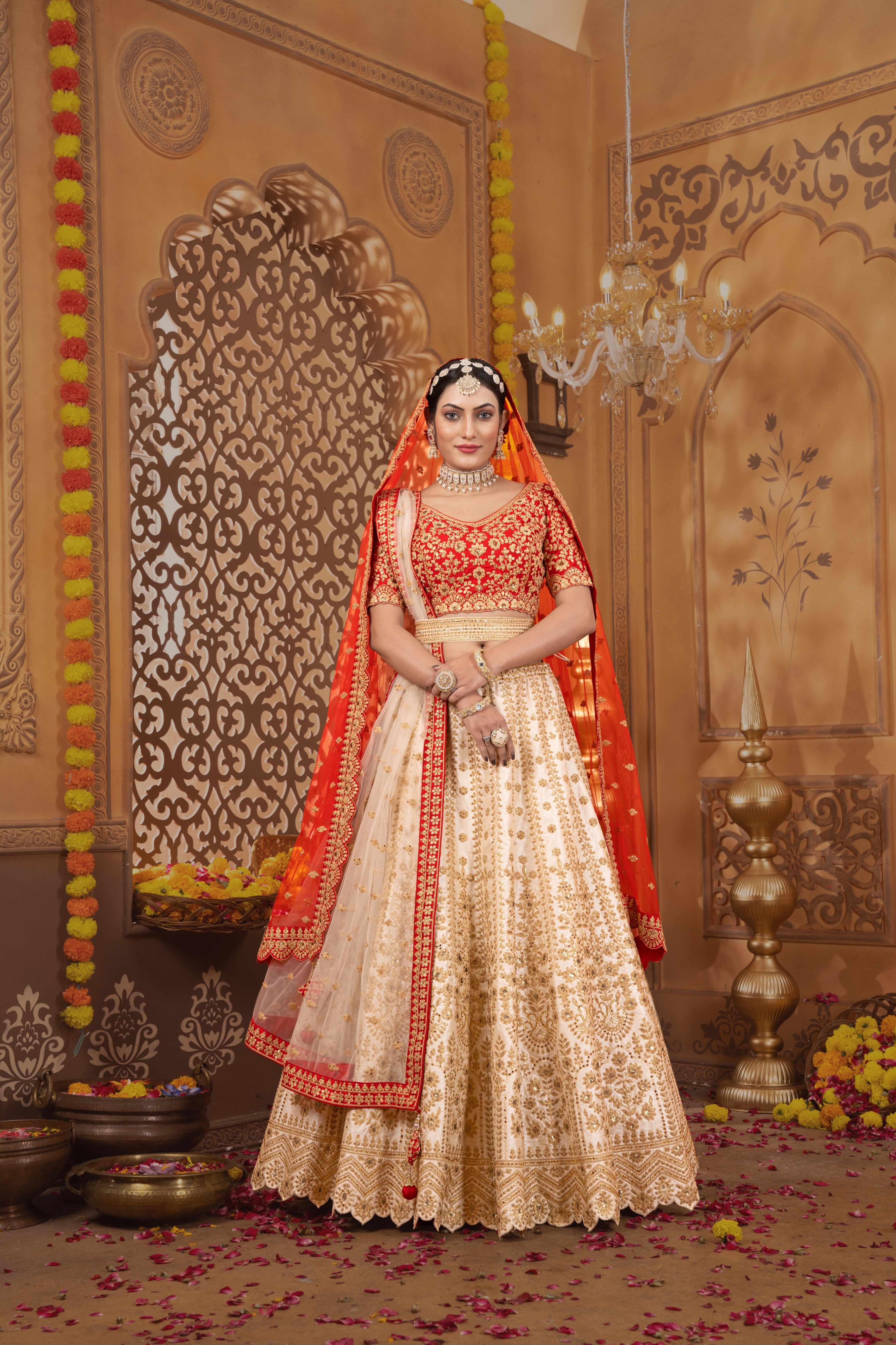 Red & Creme Jardosi Work Silk Lehenga 