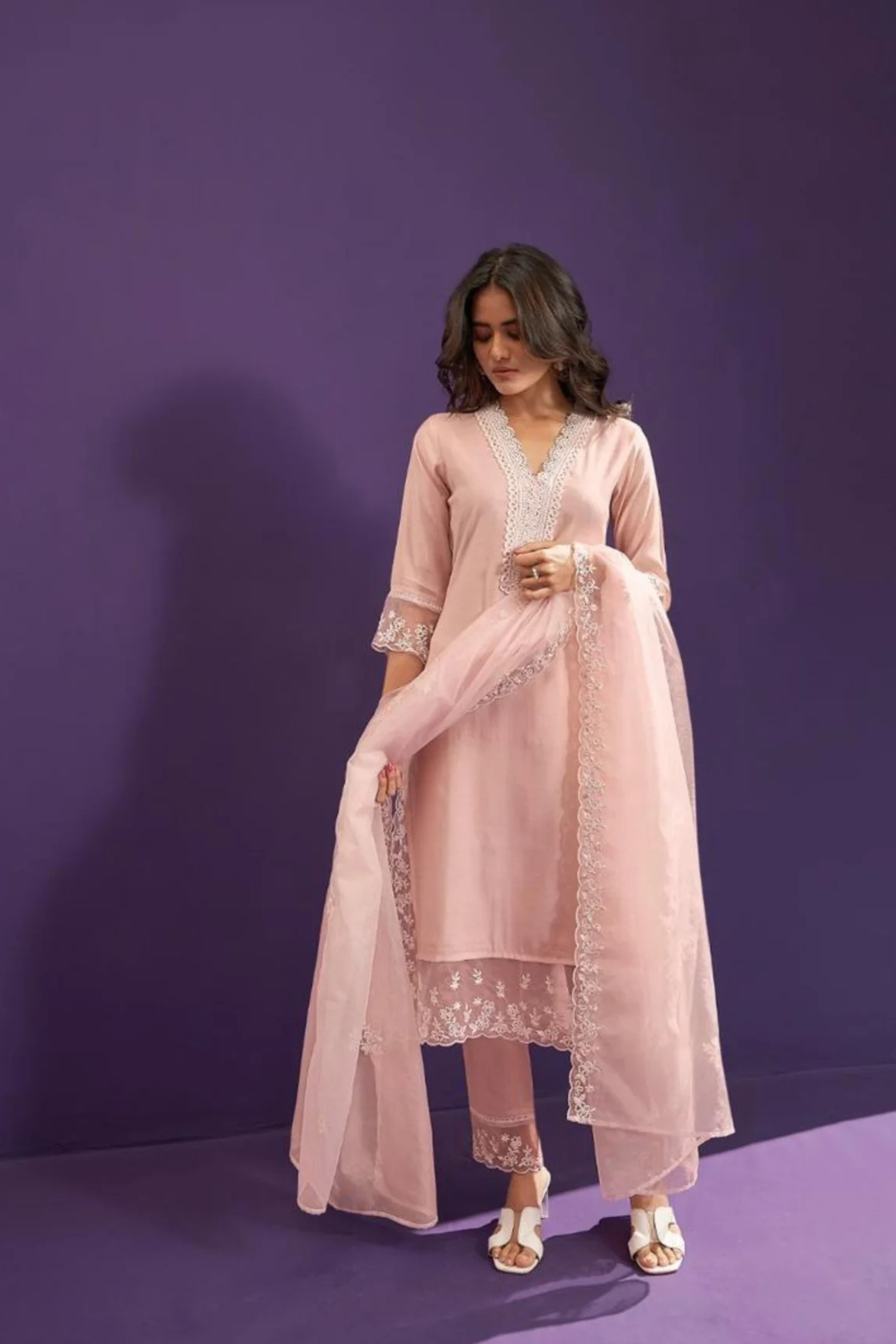 Baby Pink Threadwork Silk Kurta Set 