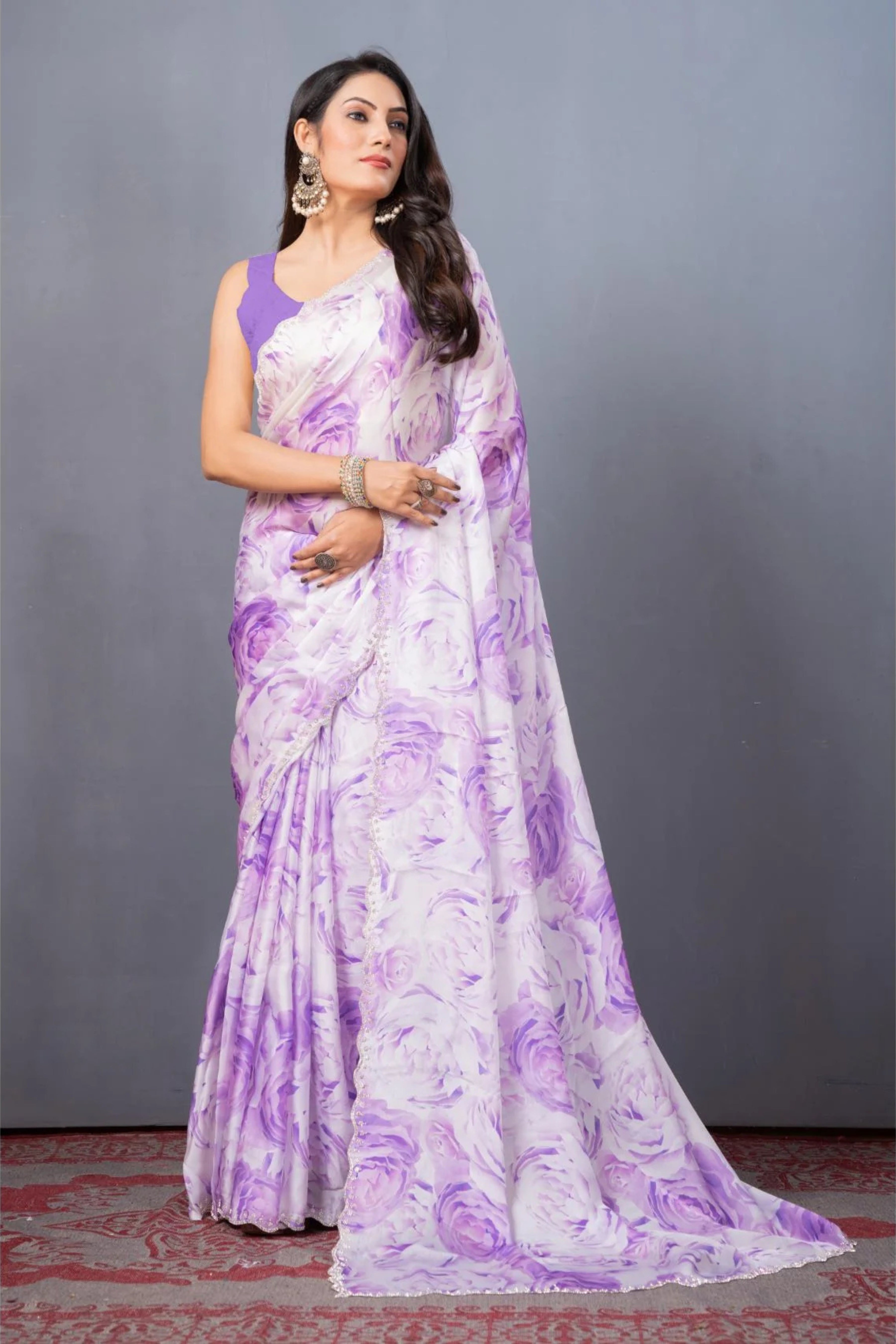 Lavender Stonework Block Print Satin Sarees 