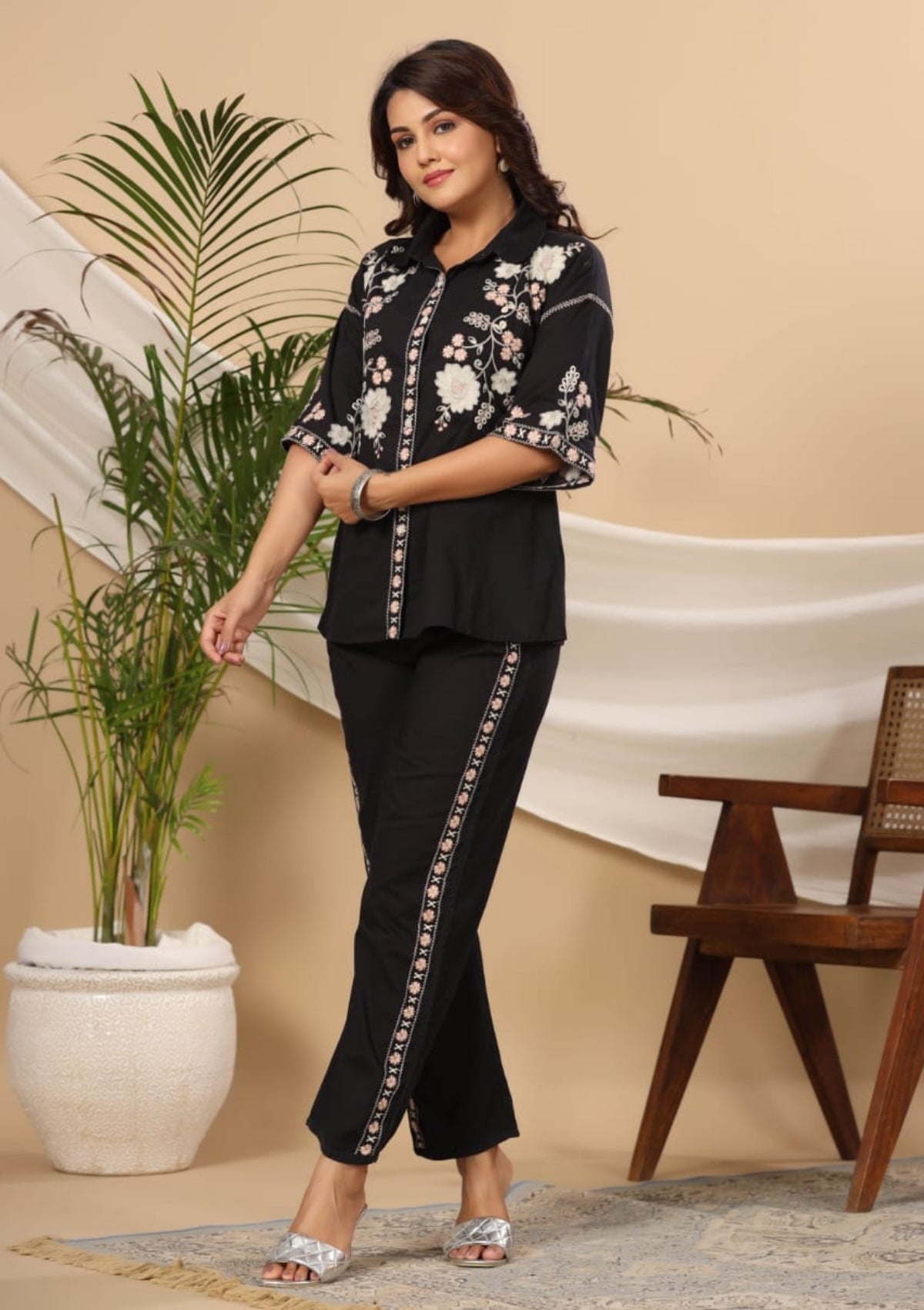 Black Threadwork Cotton Co-Ord Set - KAJREE