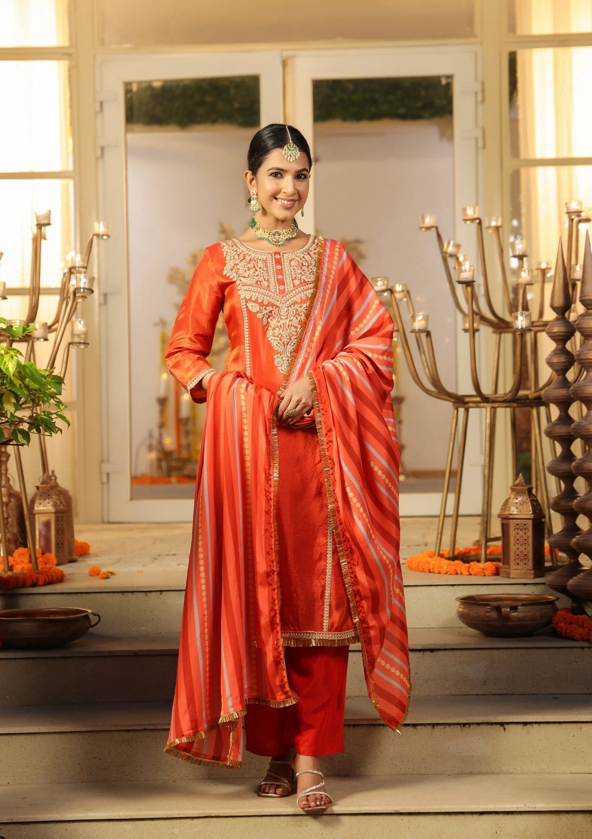 Orange Handwork Silk Kurta Set with Dupatta 