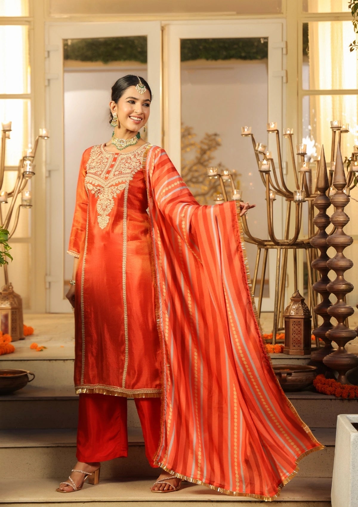 Orange Handwork Silk Kurta Set with Dupatta 