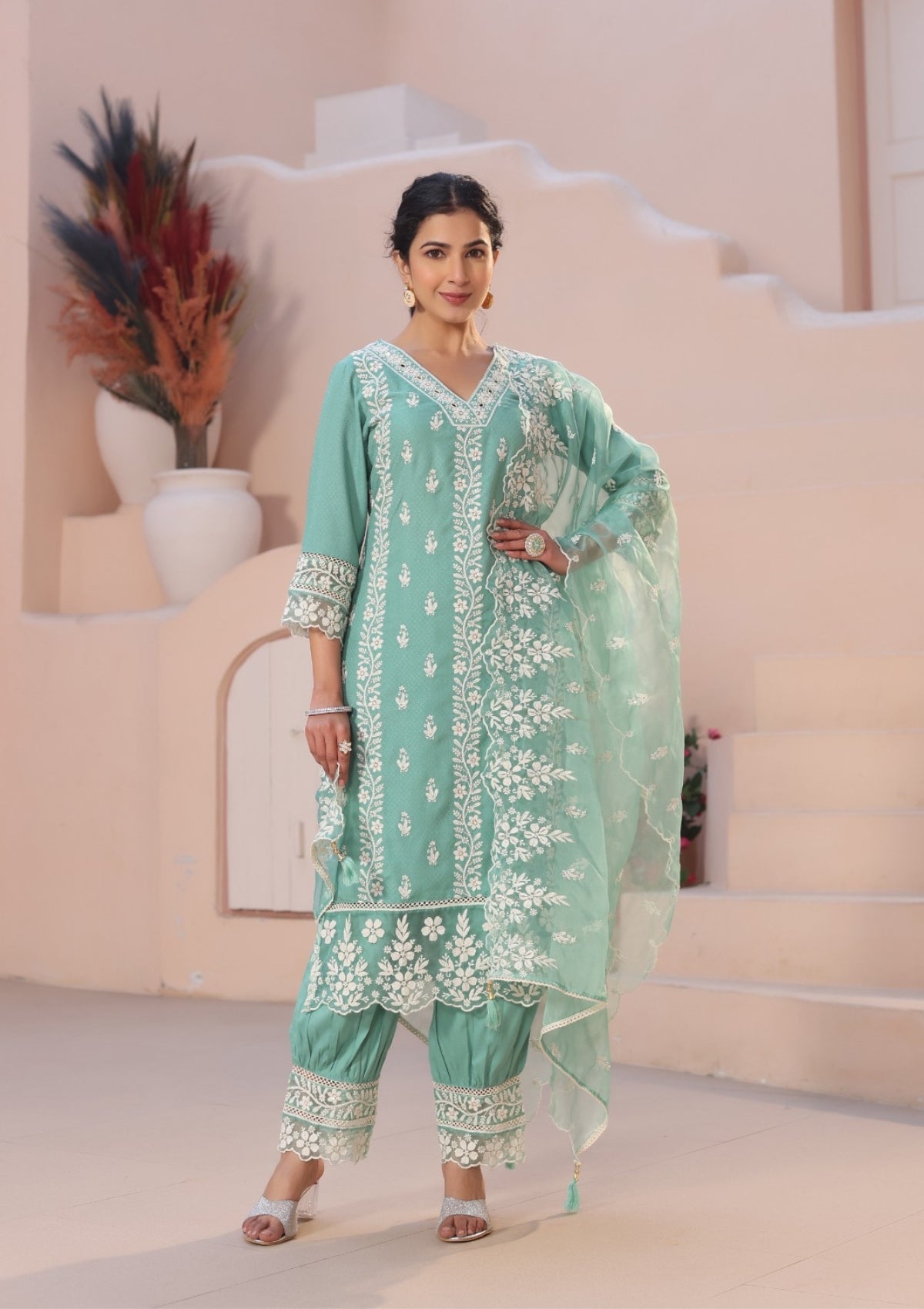 Sea Blue Threadwork Cotton Kurta Set - Kajree 