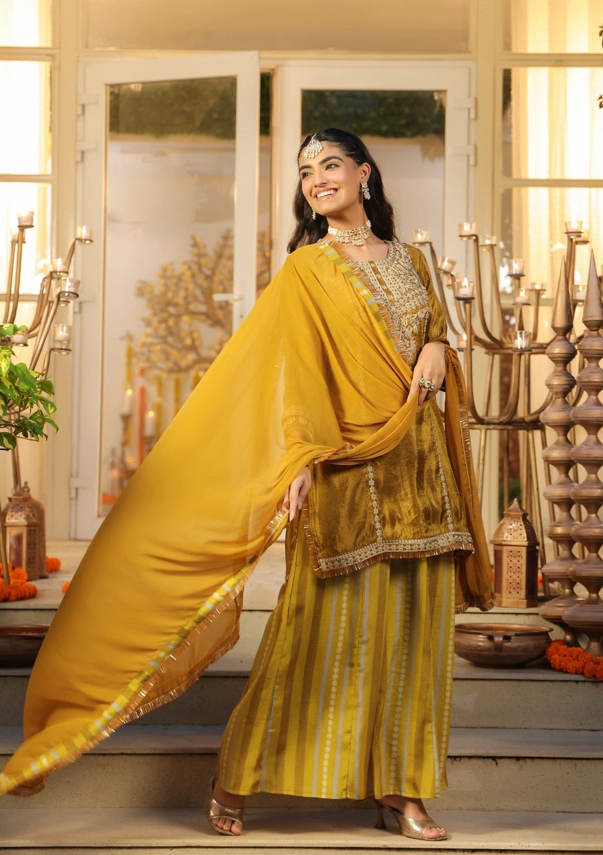 Olive Green Handwork Silk Palazzo Set with Dupatta 