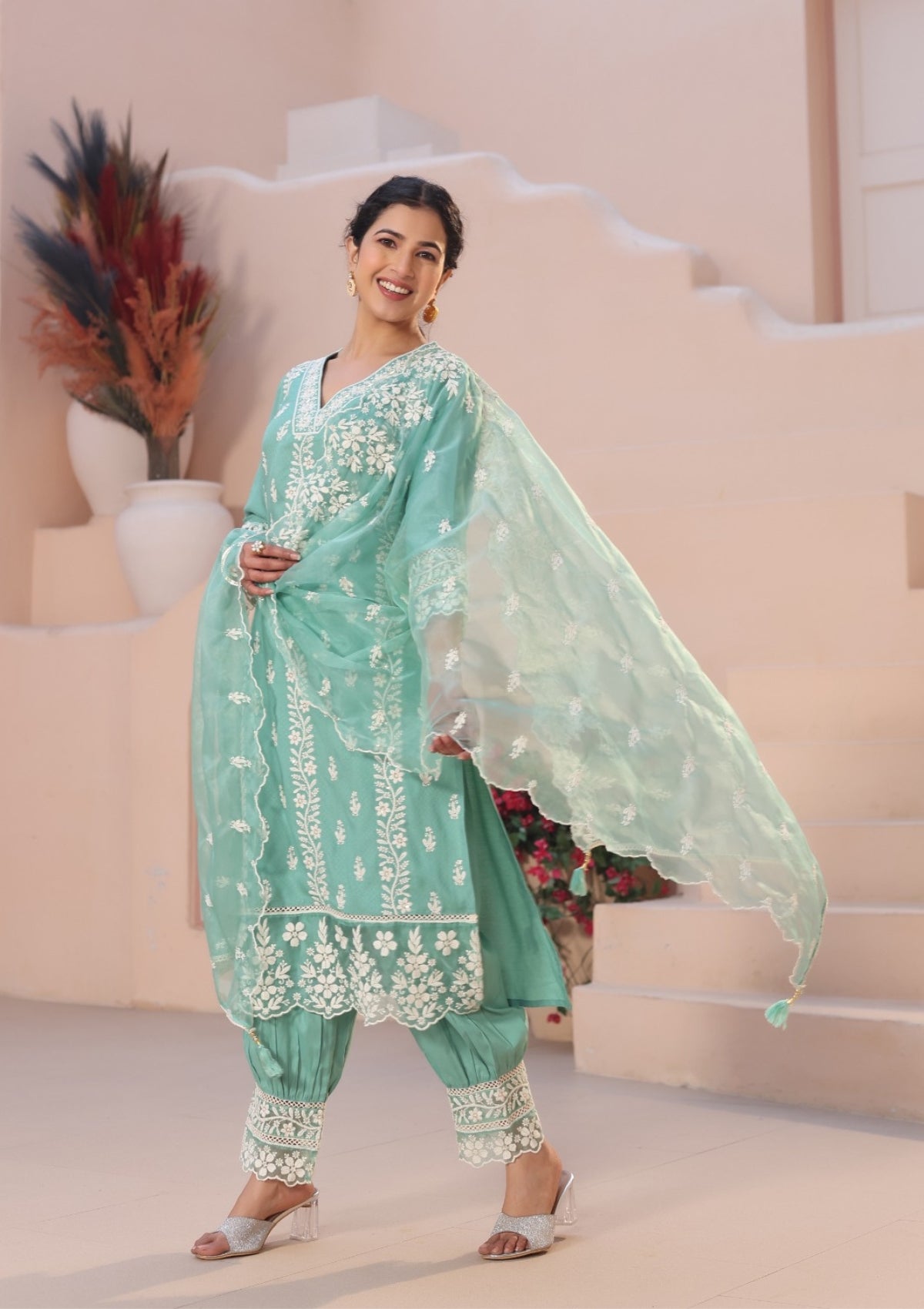 Sea Blue Threadwork Cotton Kurta Set - Kajree 