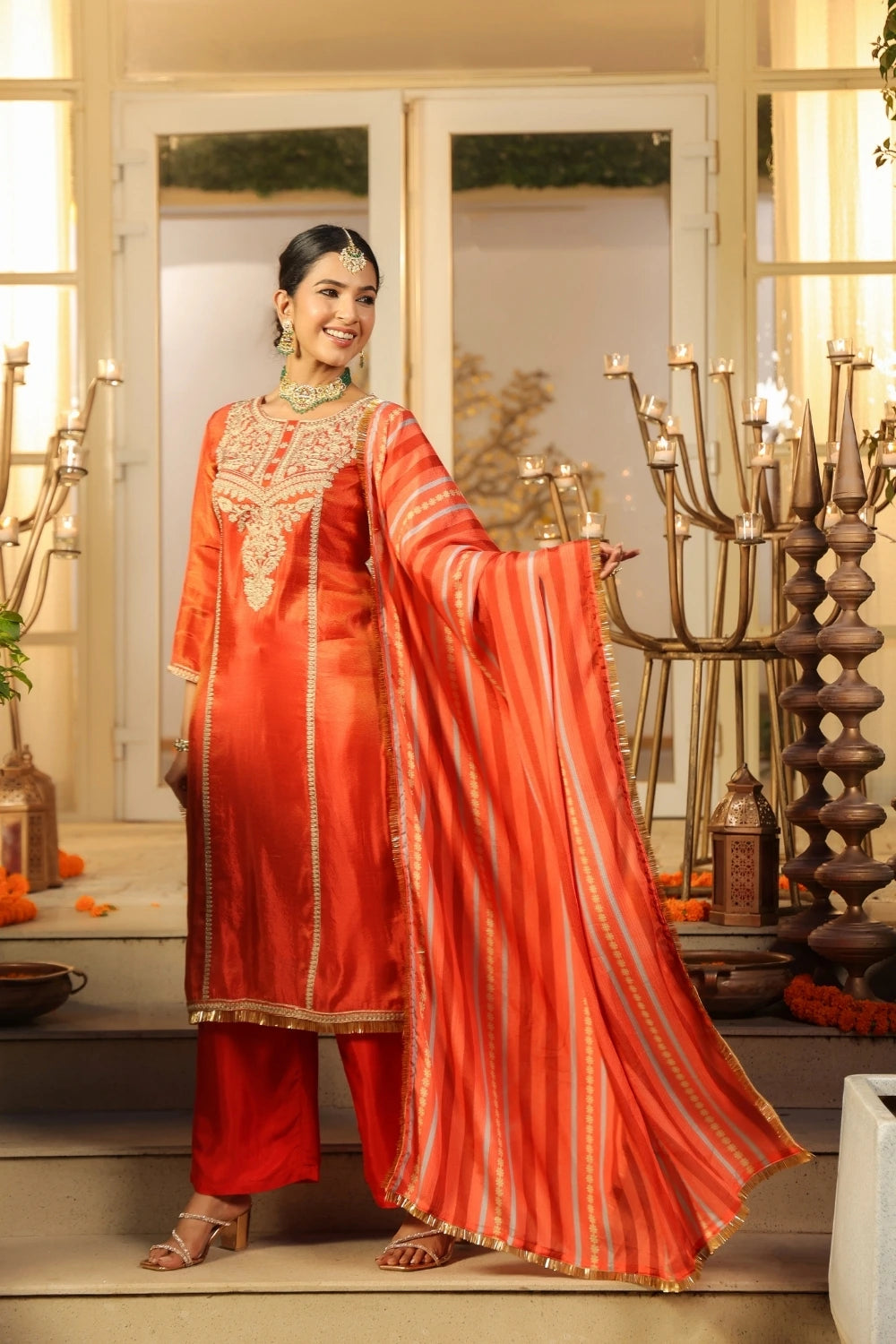 Orange Handwork Silk Kurta Set with Dupatta 