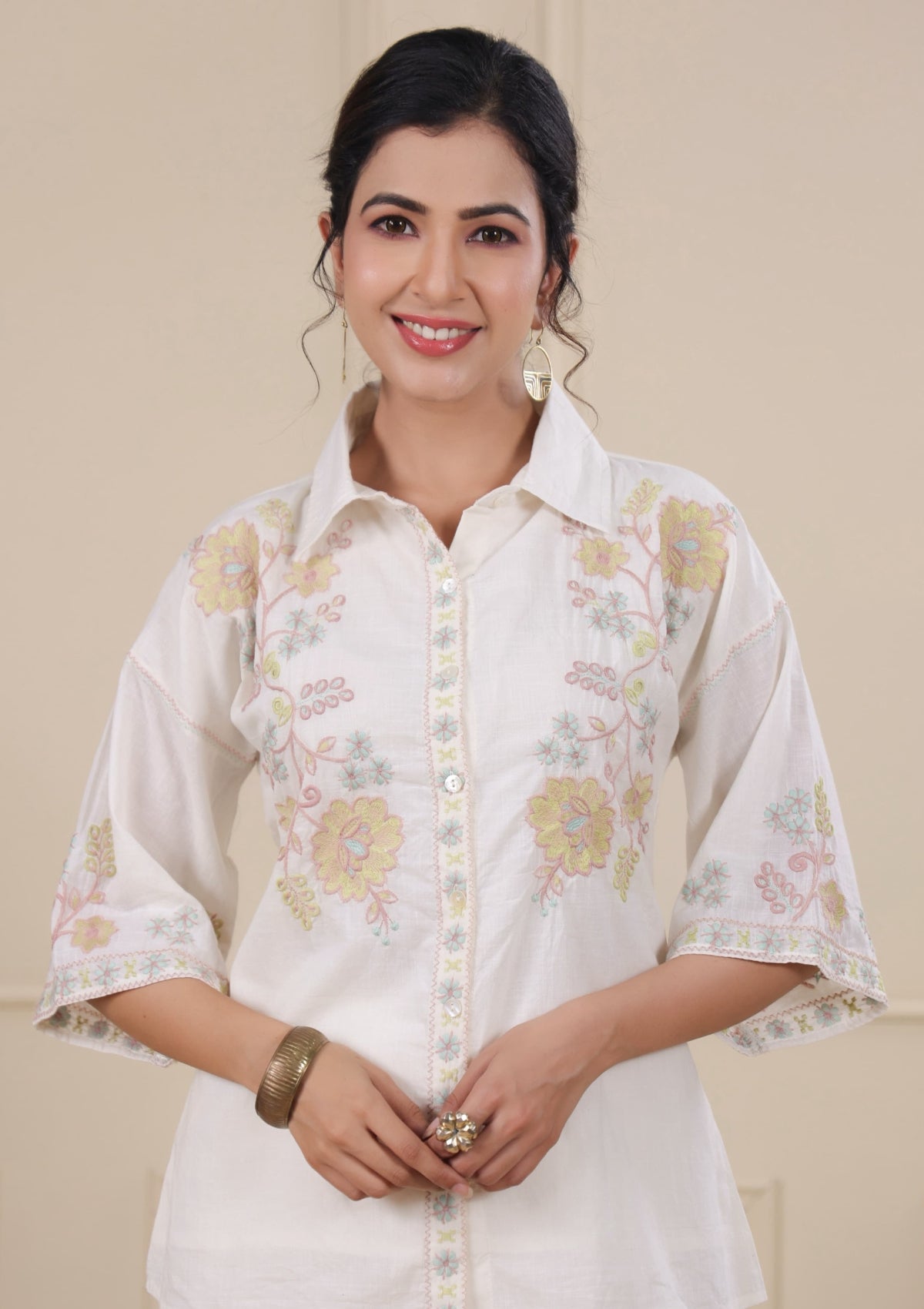 Off White Threadowrk Cotton Co-Ord Set 