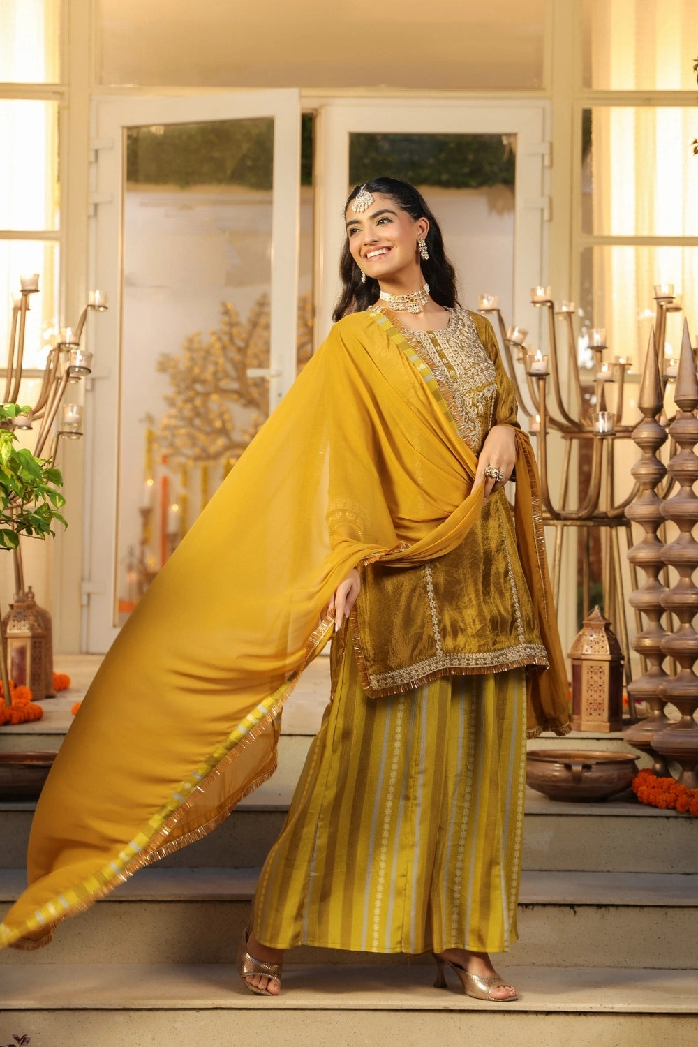 Olive Green Handwork Silk Palazzo Set with Dupatta 
