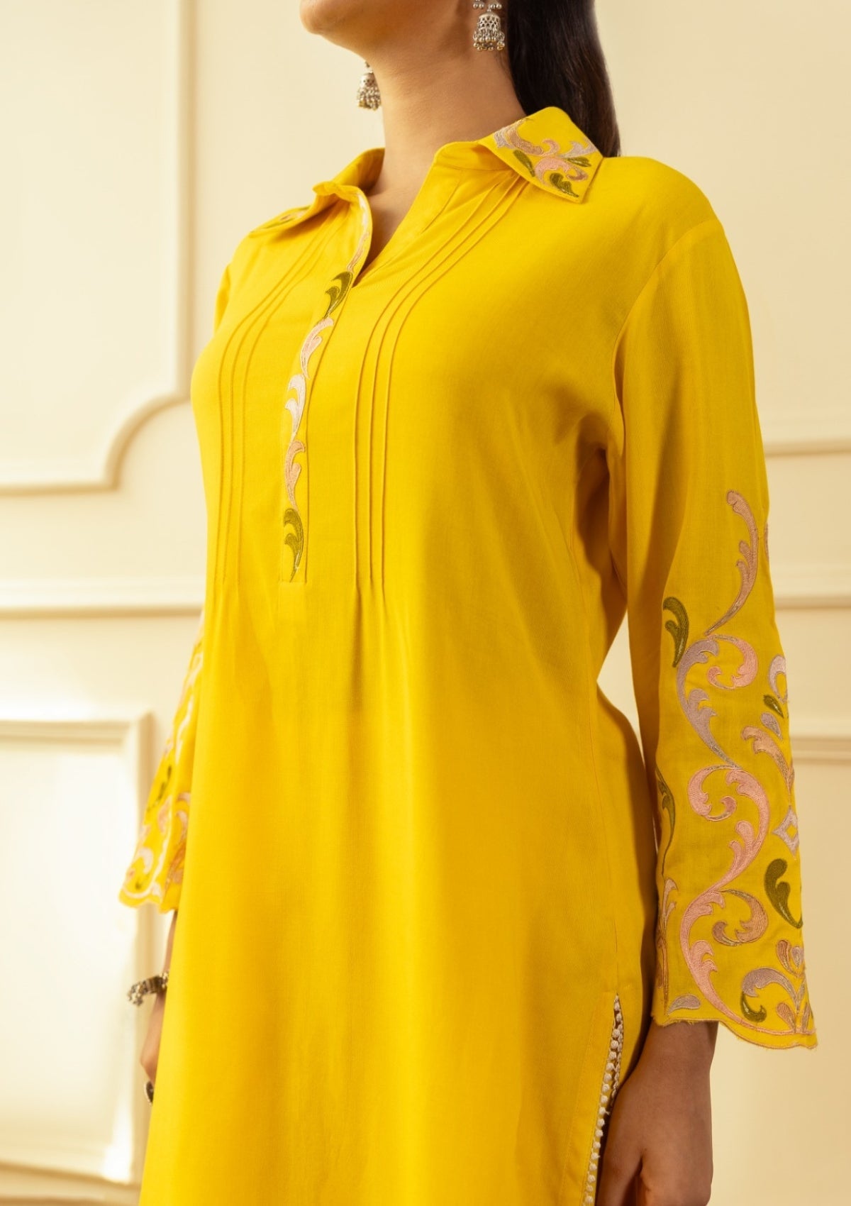 Yellow Threadwork Cotton Co-Ord Set 