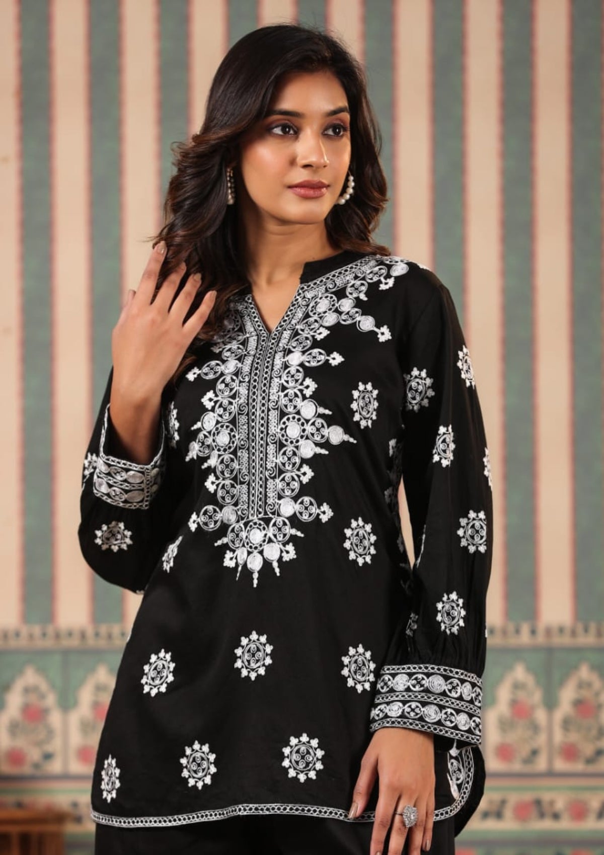 Black Threadwork Pure Cotton Palazzo Set 