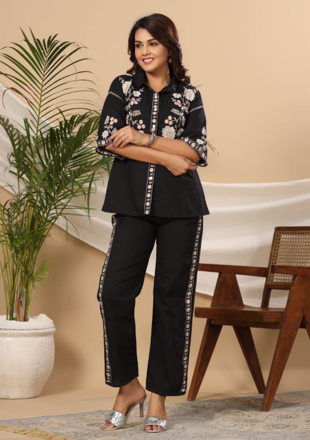 Black Threadwork Cotton Co-Ord Set - KAJREE