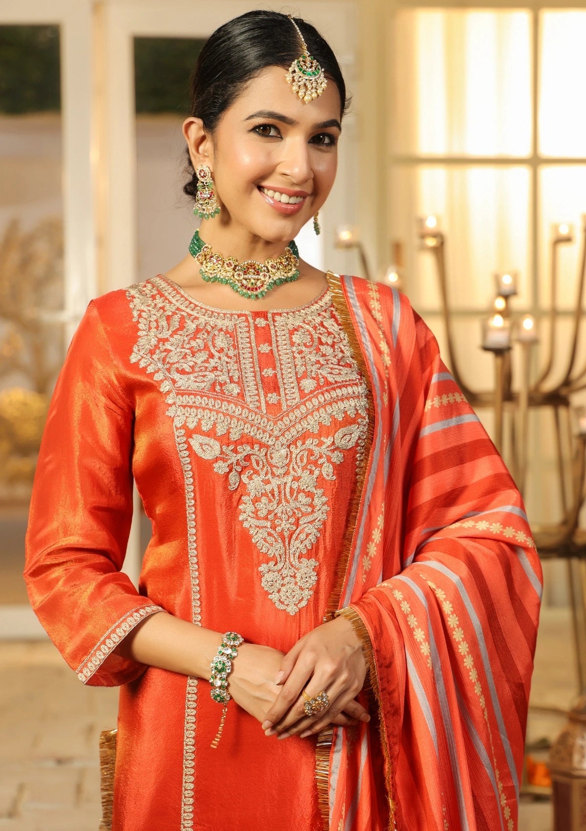 Orange Handwork Silk Kurta Set with Dupatta 