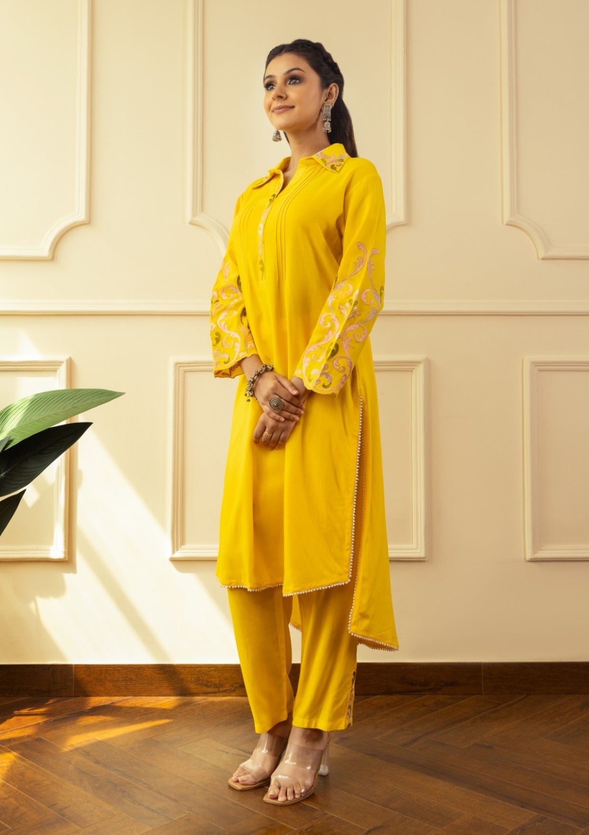 Yellow Threadwork Cotton Co-Ord Set 