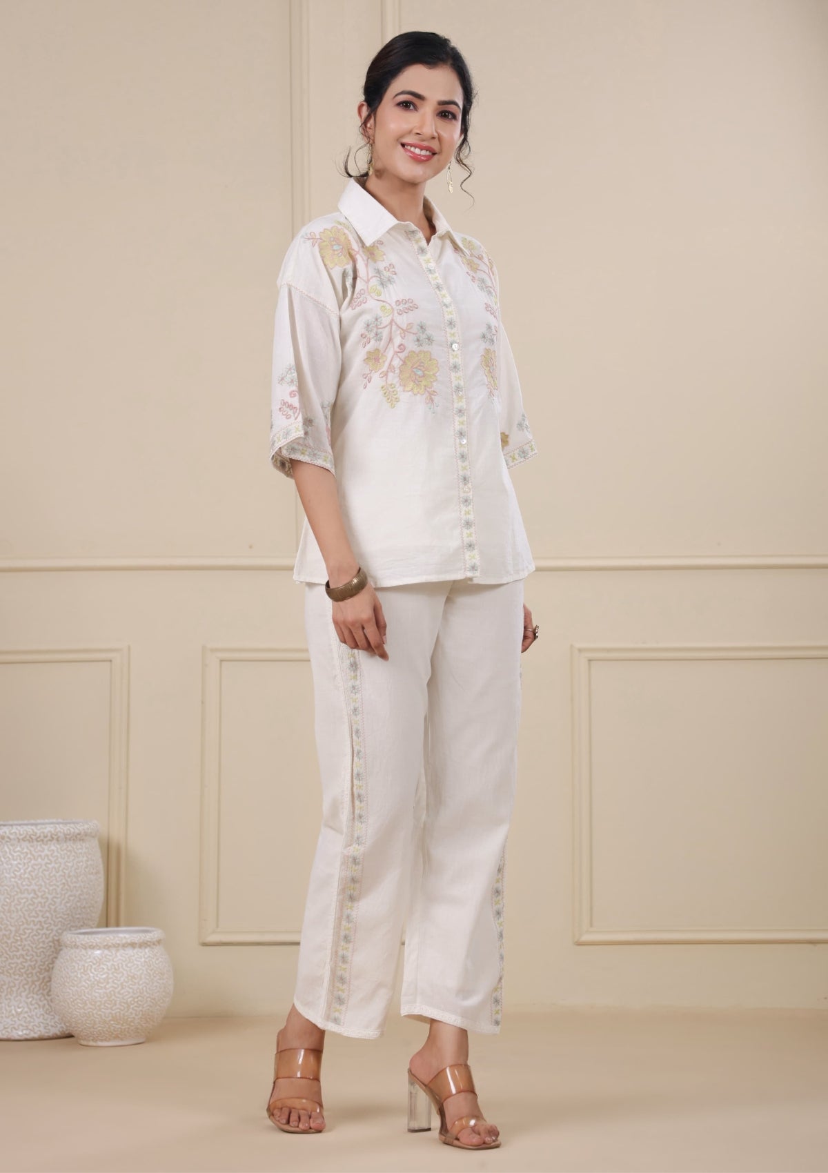 Off White Threadowrk Cotton Co-Ord Set 