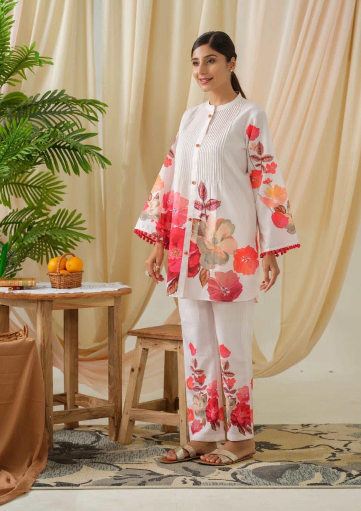 Cream Block Print Cotton Co-Ord Set 