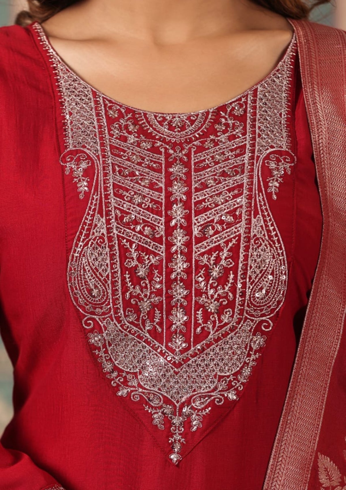 Red Threadwork Cotton Kurta Set 