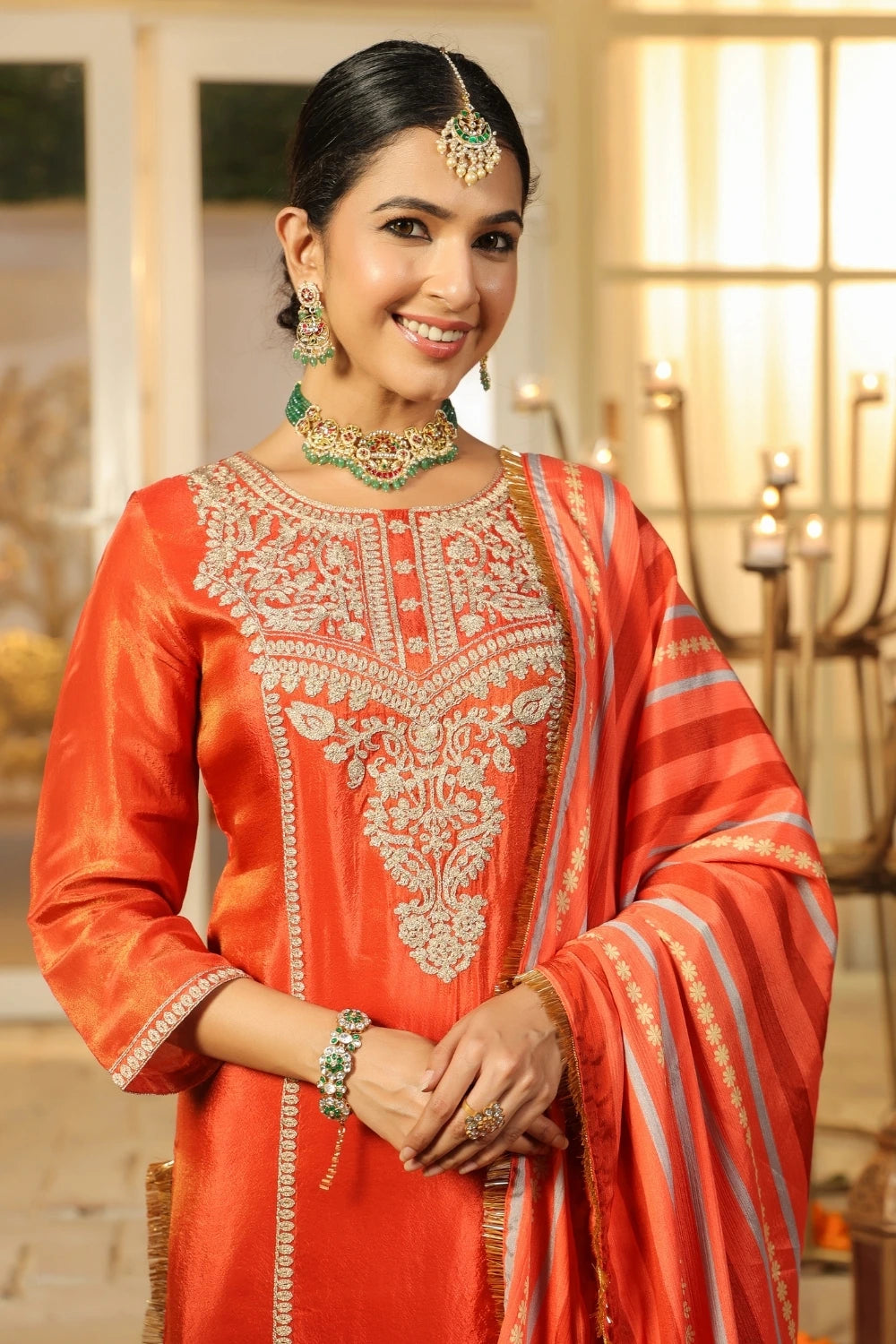 Orange Handwork Silk Kurta Set with Dupatta 