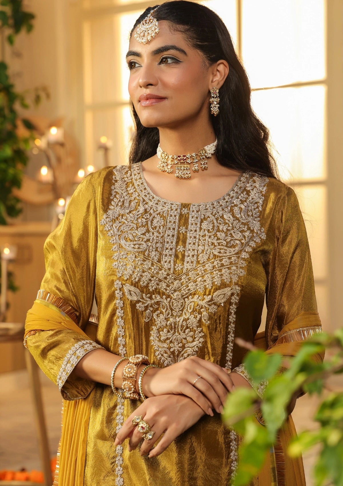 Olive Green Handwork Silk Palazzo Set with Dupatta 