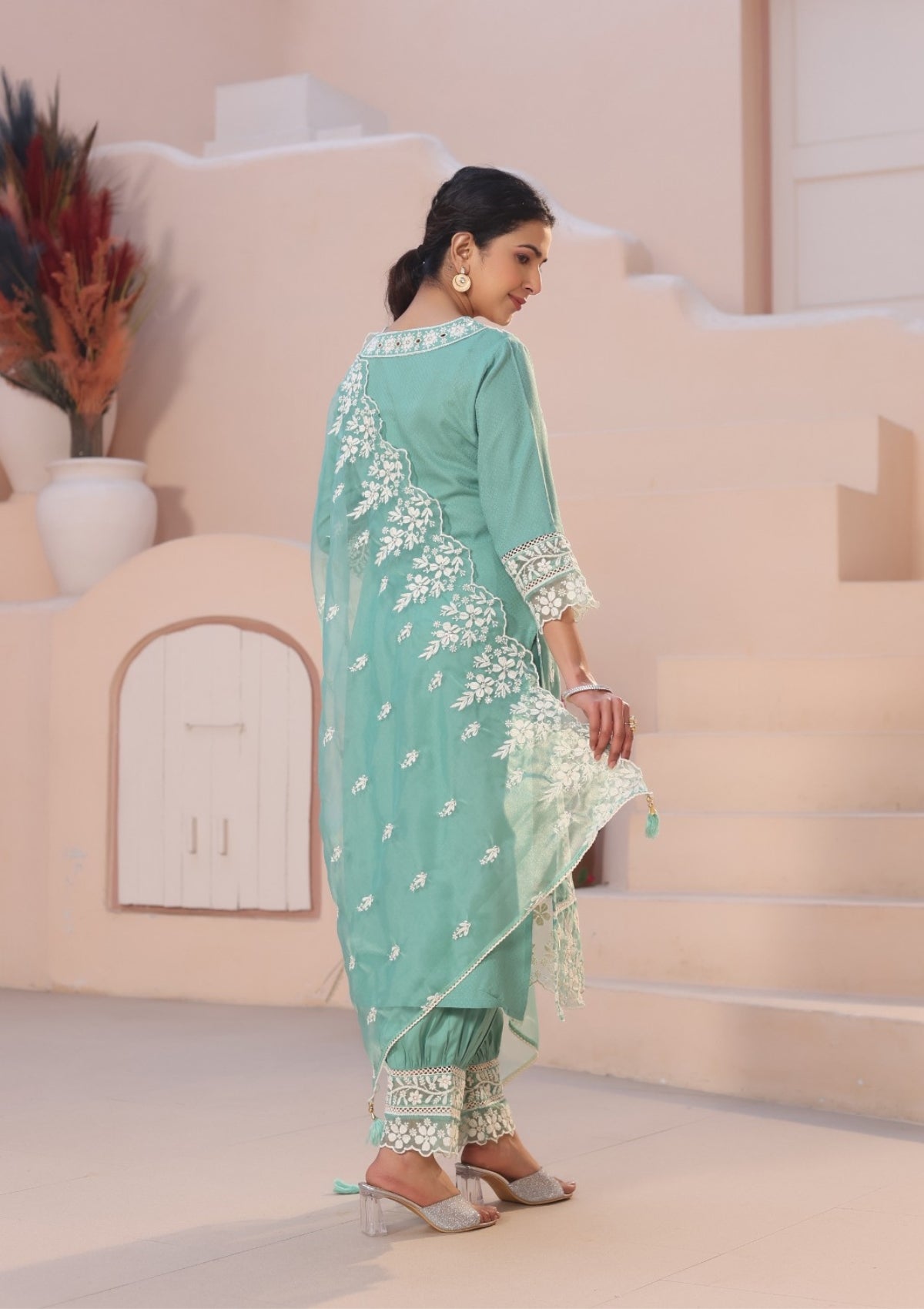 Sea Blue Threadwork Cotton Kurta Set - Kajree 